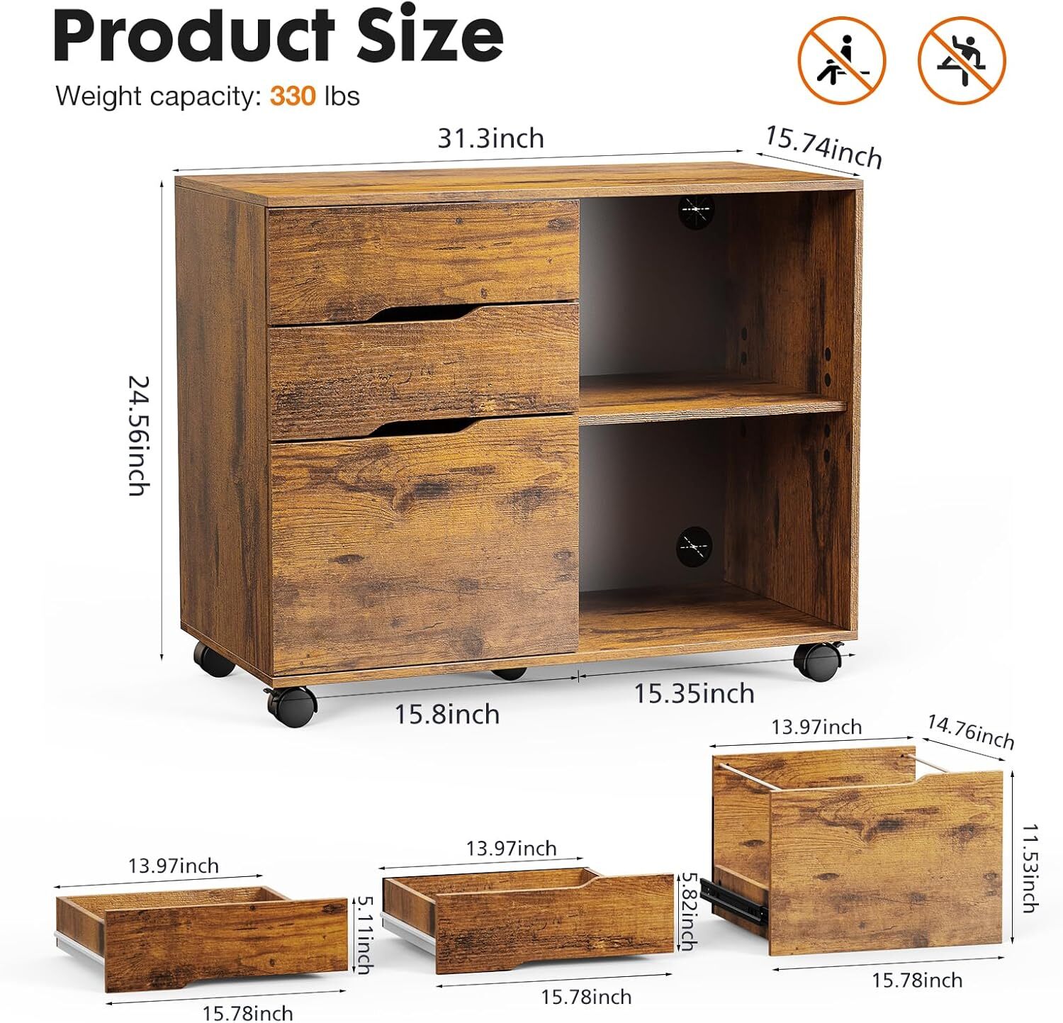 3-Drawer File Cabinet Lateral Mobile Cabinet Wood Under Desk Storage Organizer