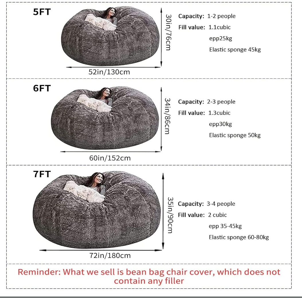 7FT Giant Faux Fur Bean Bag Sofa Chair Soft Protect Cover No Filling - Gray