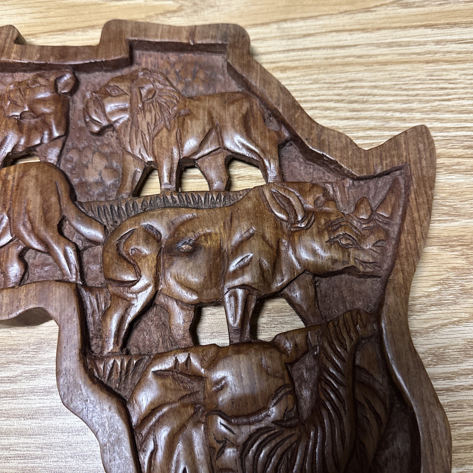 Big 5 Safari Hand Carved Wood African VTG Lion Elephant Rhino Unique Wall Art