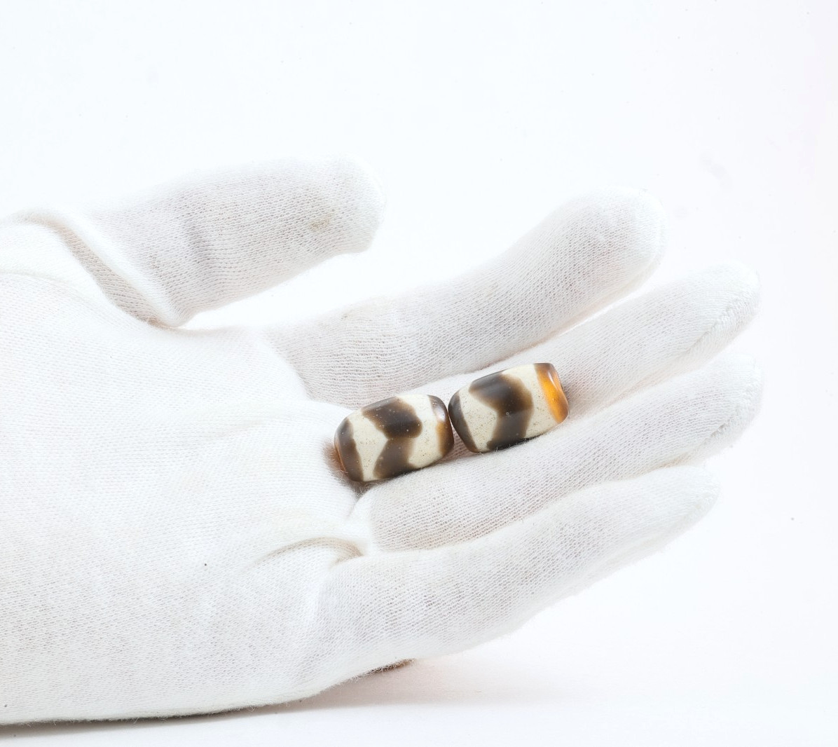 Late Qing Tibetan Glass Beads Pair – Tiger Tooth Dzi (Huya Tianzhu) Style (Z)