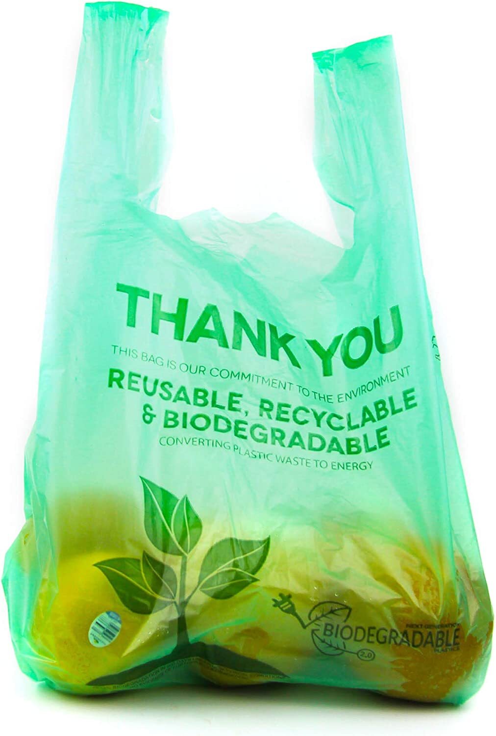 22 x 6.5 x 22 1/6 Green Biodegradable T-Shirt Plastic Grocery Shopping Bags
