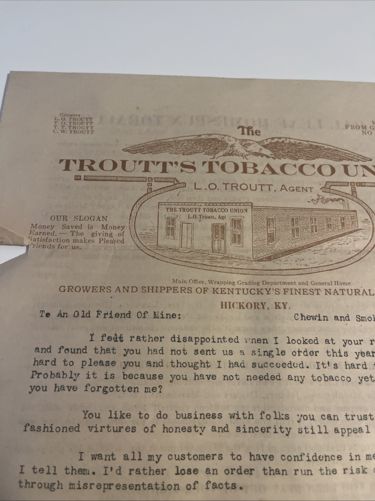 1920s letter from L.O. Troutt of Troutt's Tobacco Union To Long Lost Customer