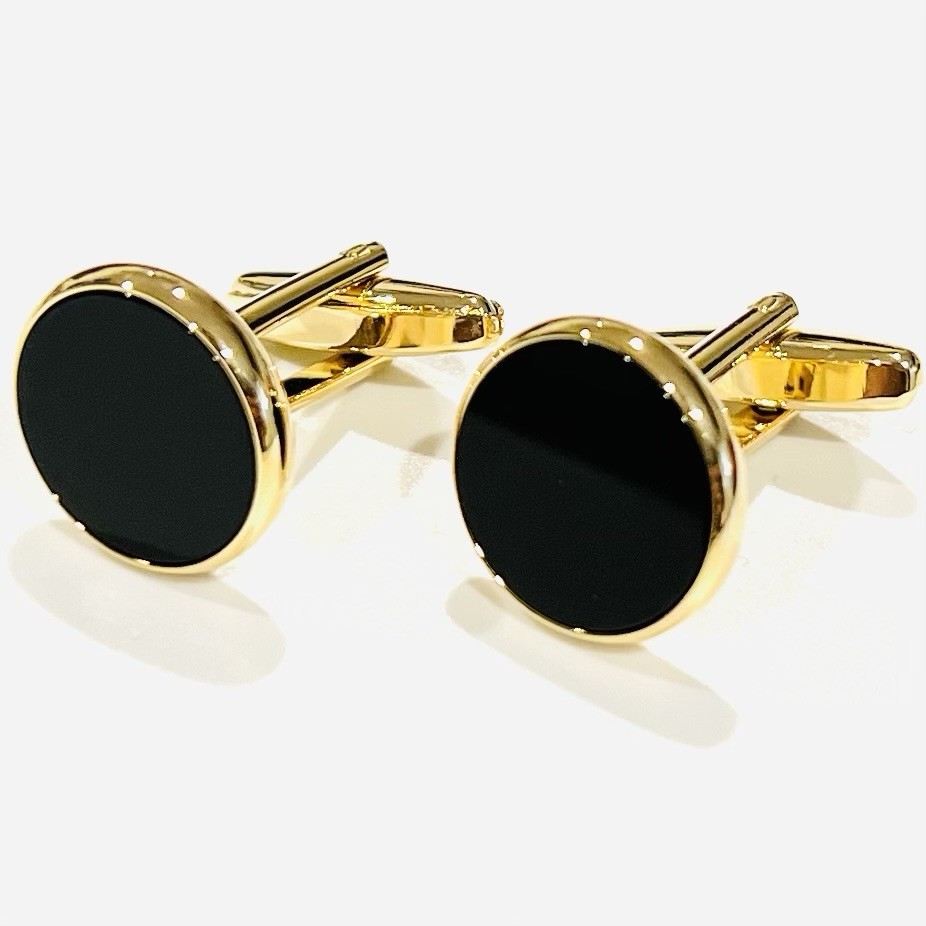 Gold Rim Round Onyx Daily Wear Cufflinks Men Birthday Gift Cuff Link With Box