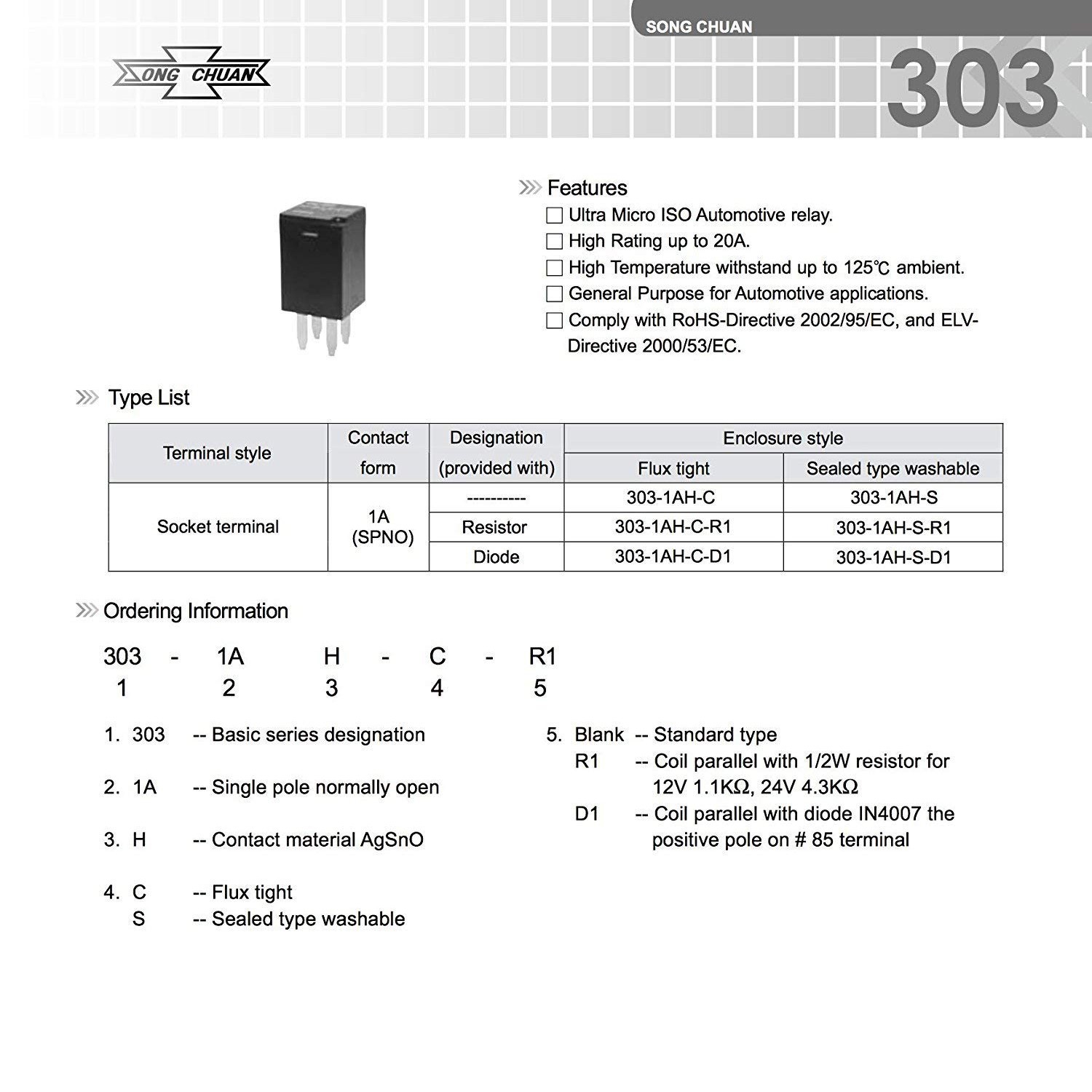 Lots For Song Chuan 303-1AH-C-R1-U01-12VDC Ultra Micro ISO Relay SPNO 20A DC12V