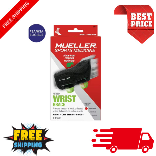 Mueller Green Fitted Wrist Brace, Right Hand, Unisex, One Size Fits Most, Black