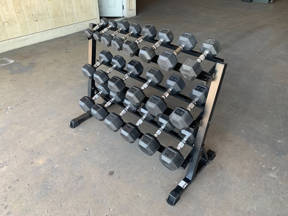 Rubber Hex Dumbbell Set 5-50 LB with Rack | 10 Pairs, 550 lbs, Free Shipping