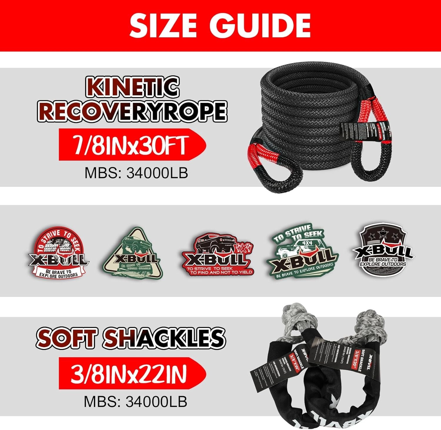 X-BULL Kinetic Rope Recovery Kit 30ft rope Soft Shackles Heavy Gloves 4WD Car