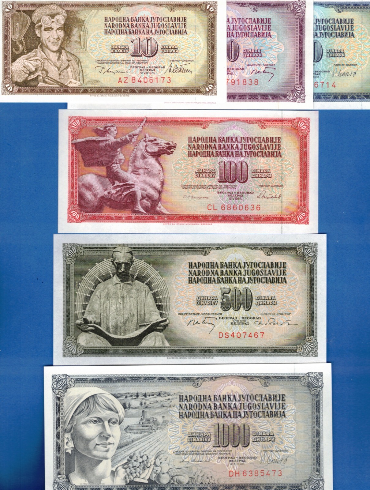Yugoslavia 10,20,50,100,500,1000, Dinara Uncirculated Banknotes Set # 5