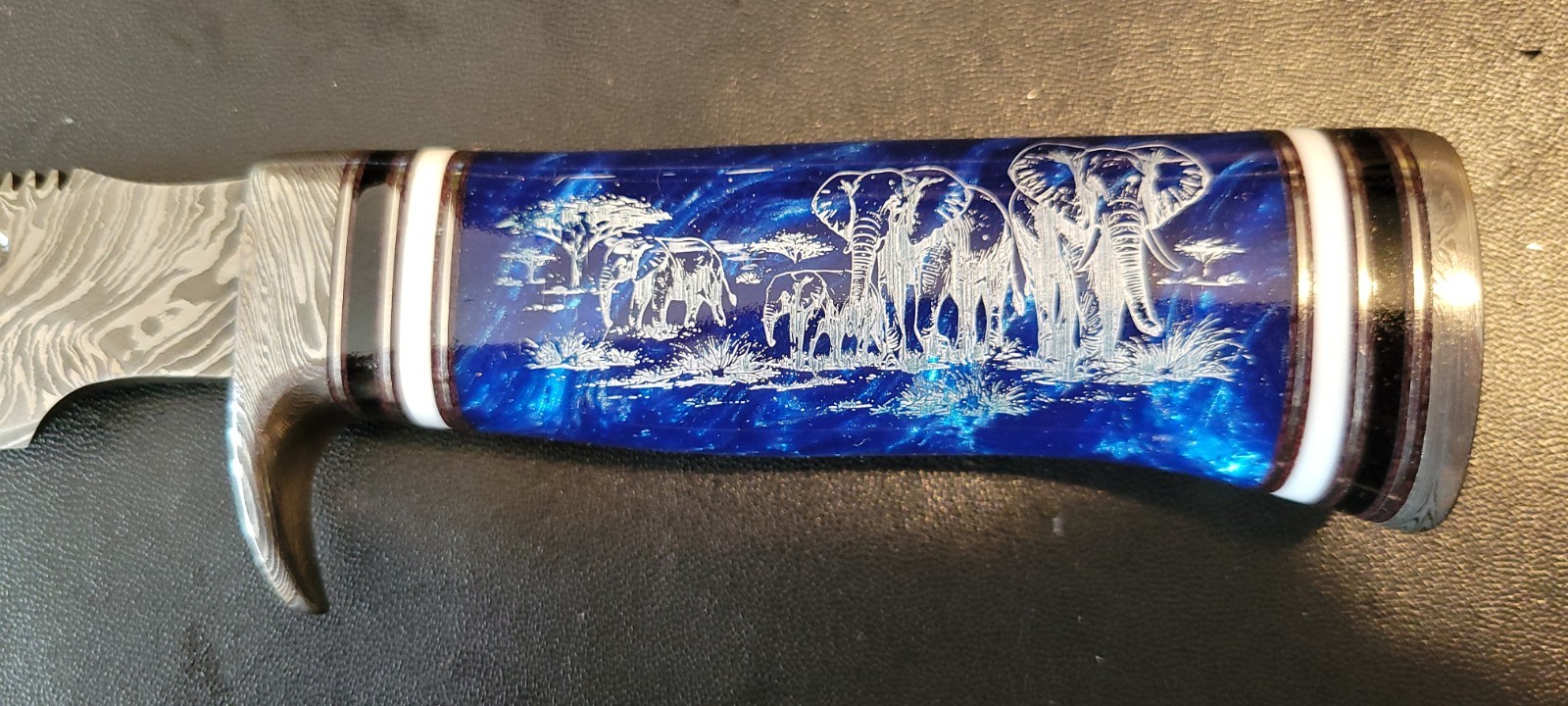 Impact Cutlery Custom Damascus Hunting Knife Engraved Blue Resin handle- 2399