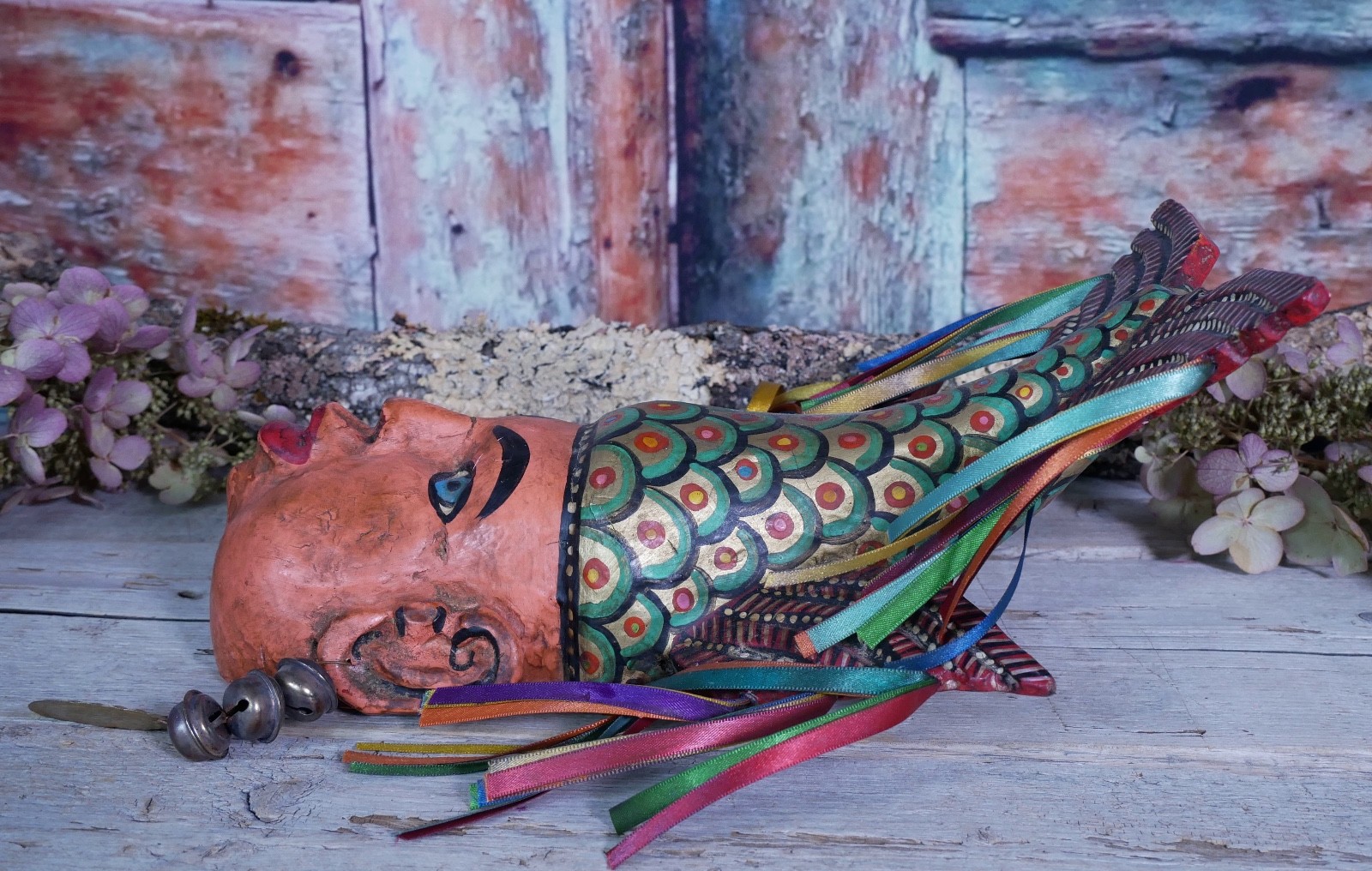 Merman Face & Fish Tail Mask Wood Hand Carved Painted Guerrero Mexican Folk Art