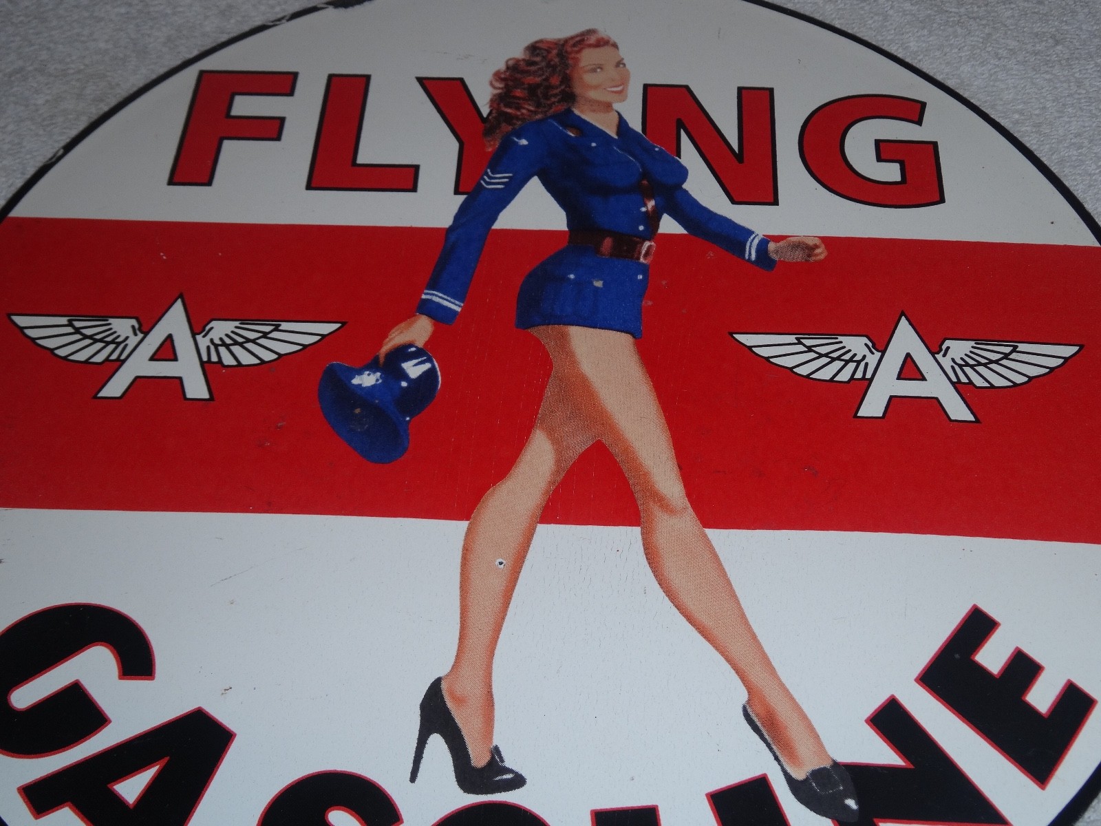 VINTAGE FLYING A AIRPLANE STEWARDESS WOMAN 11 3/4" PORCELAIN METAL GASOLINE SIGN