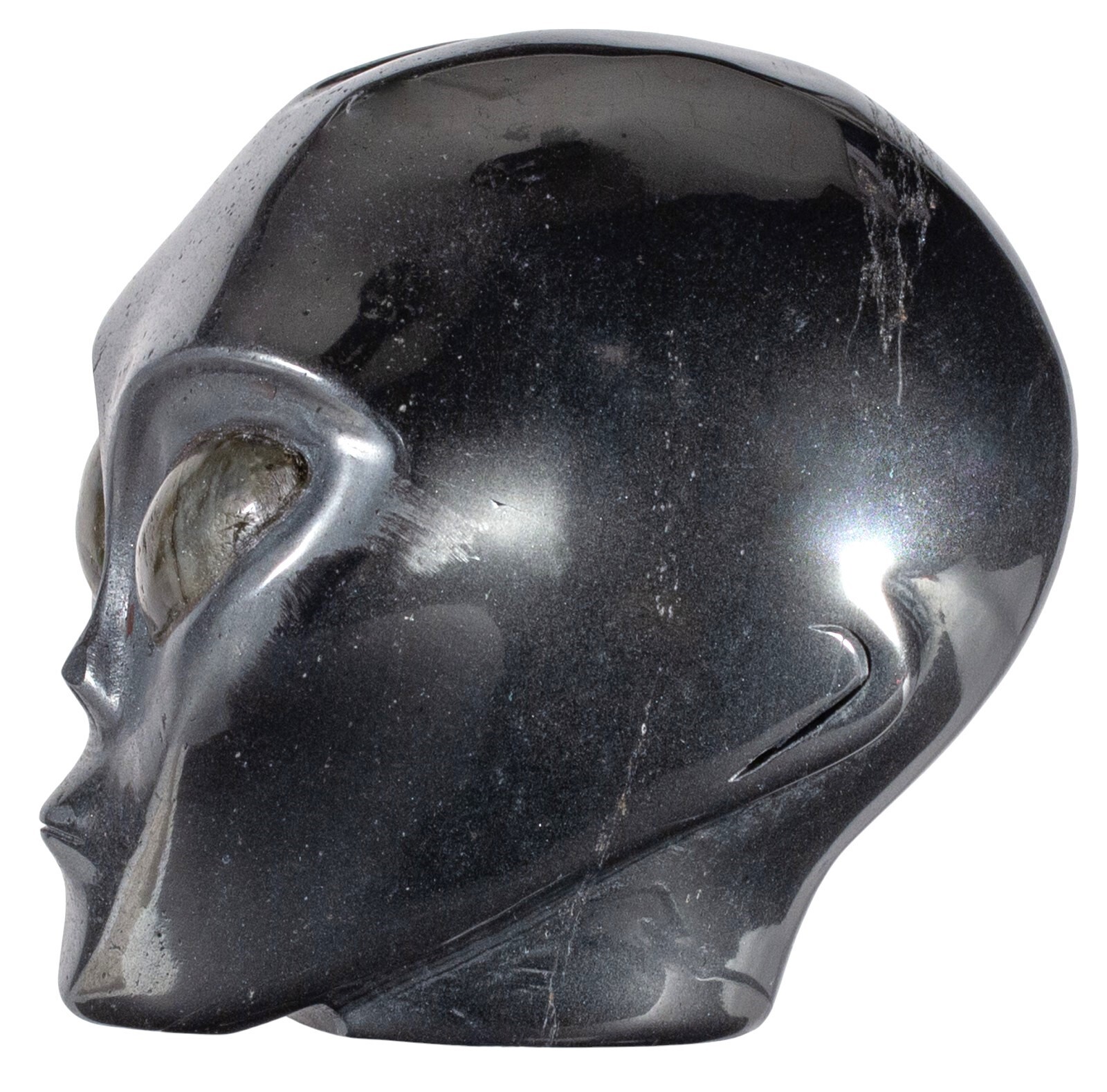 4" HEMATITE Star Being Female Alien Head Crystal Skull Labradorite Eyes Large