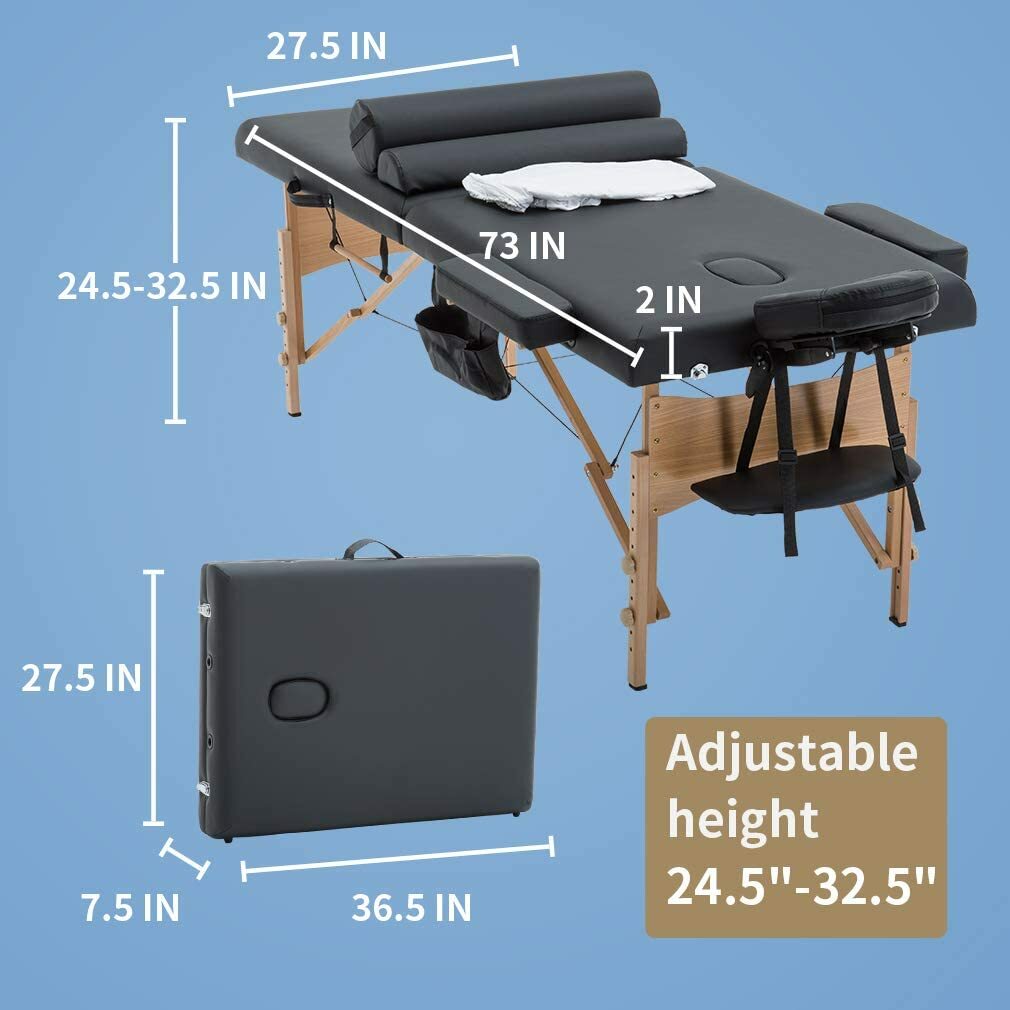 84" Massage Table Massage Bed Spa Bed Adjustable 2 Folding Portable, Black