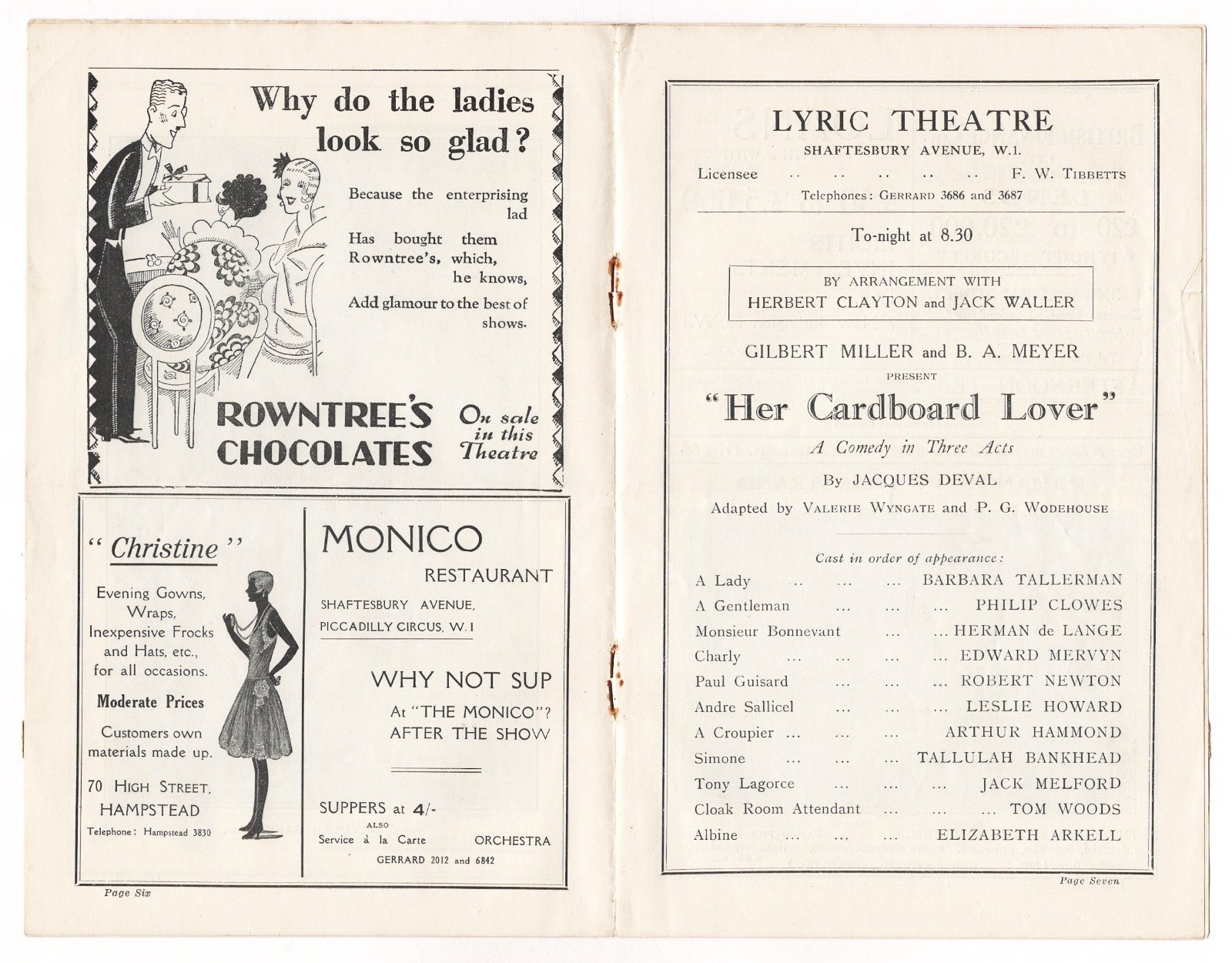 Tallulah Bankhead "HER CARDBOARD LOVER" Leslie Howard 1928 London Playbill