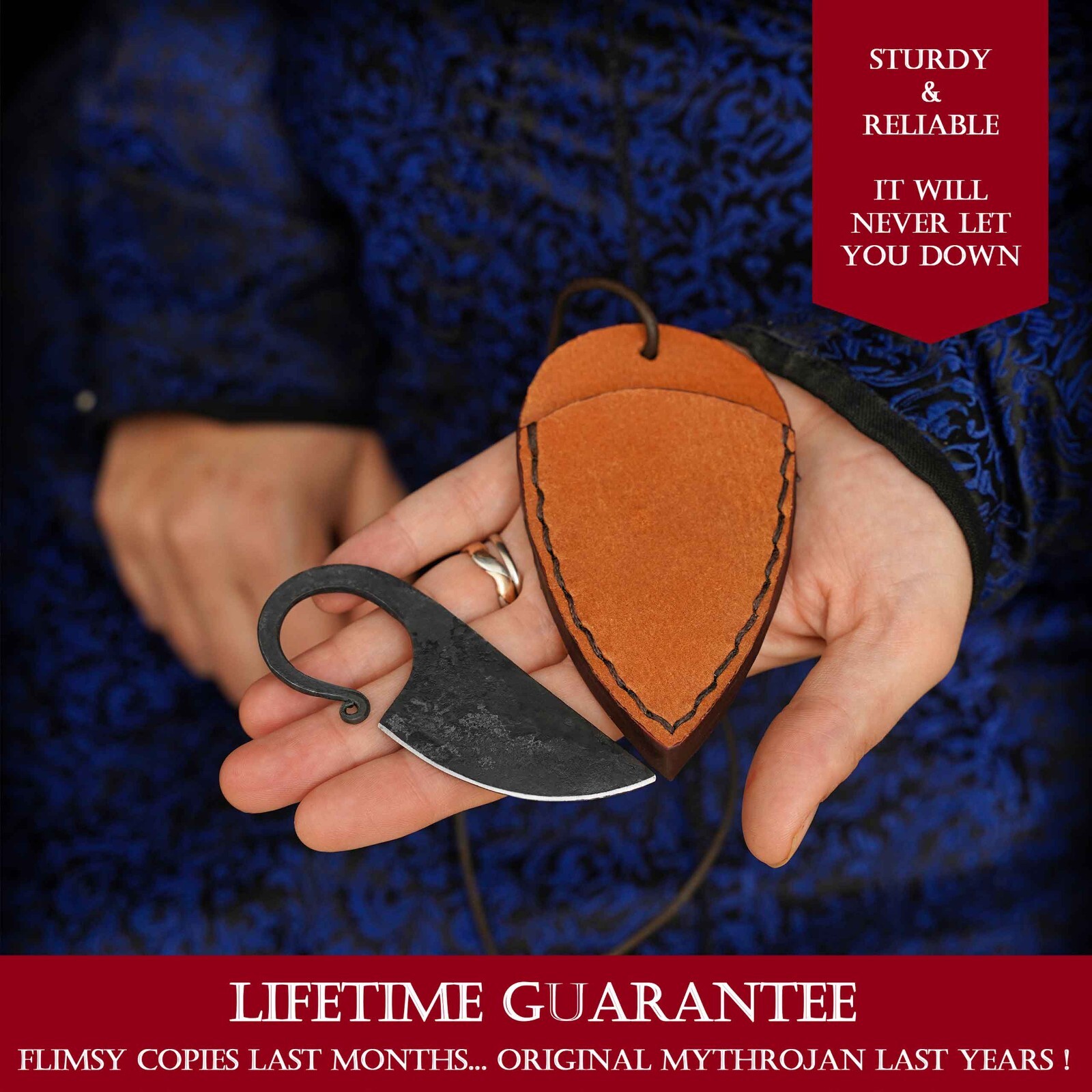 Hunting Pocket Knife Hand Forged Celtic Blade with Necklace Leather Sheath Tan