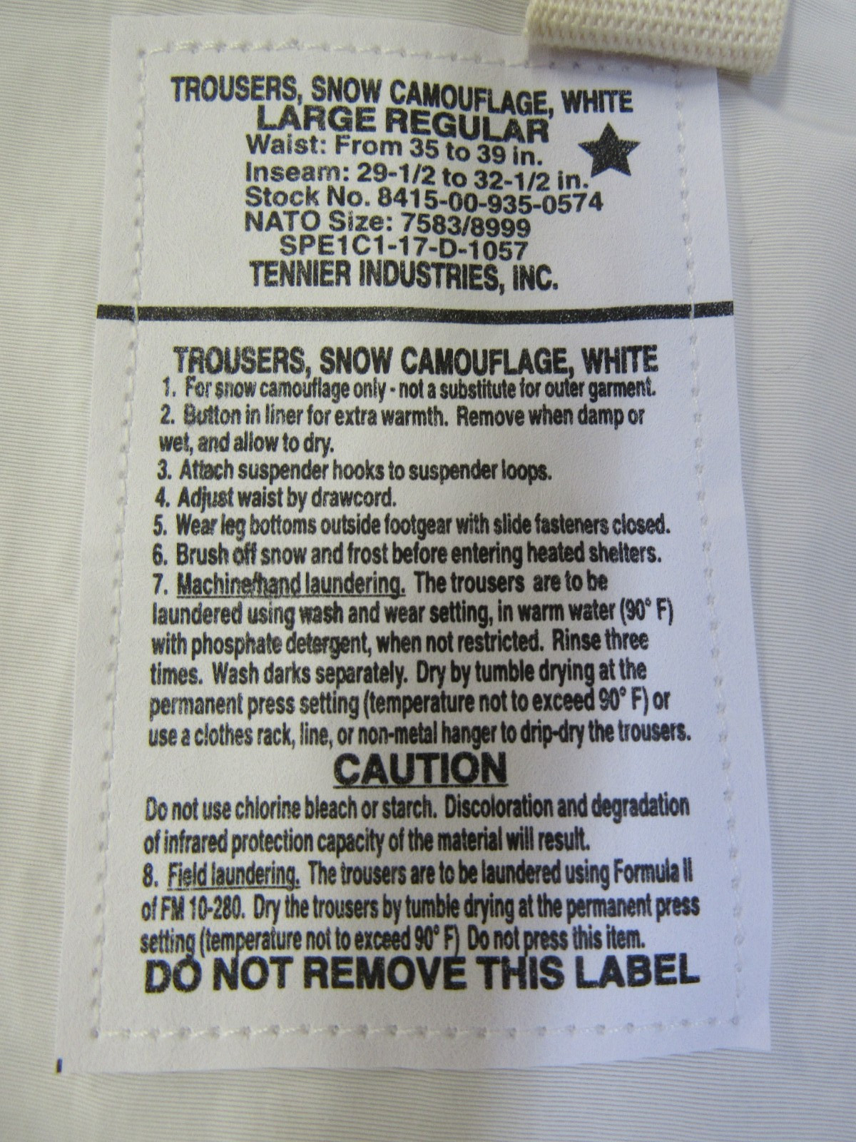 US GI Snow Camo Trousers Pants White Nylon Large Reg Tennier Industries 2018 NOS