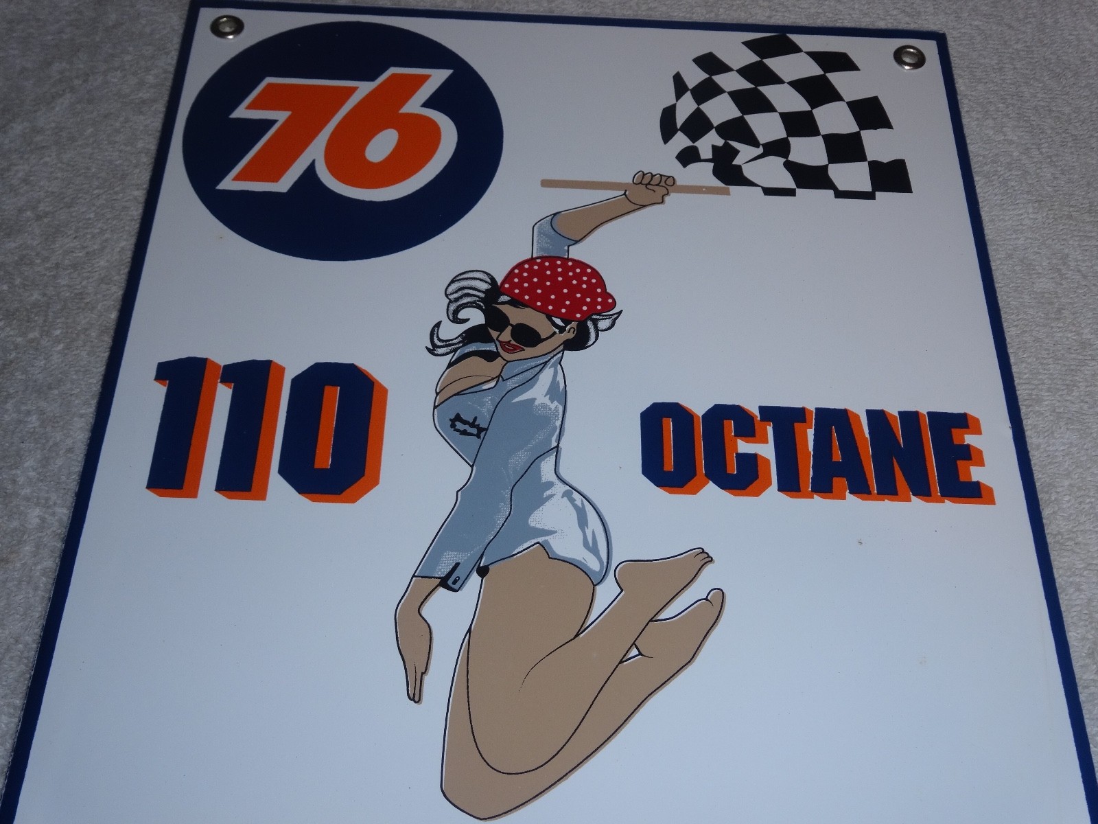 VINTAGE UNION 76 GASOLINE WOMAN +RACING FLAG 12" PORCELAIN METAL NASCAR OIL SIGN