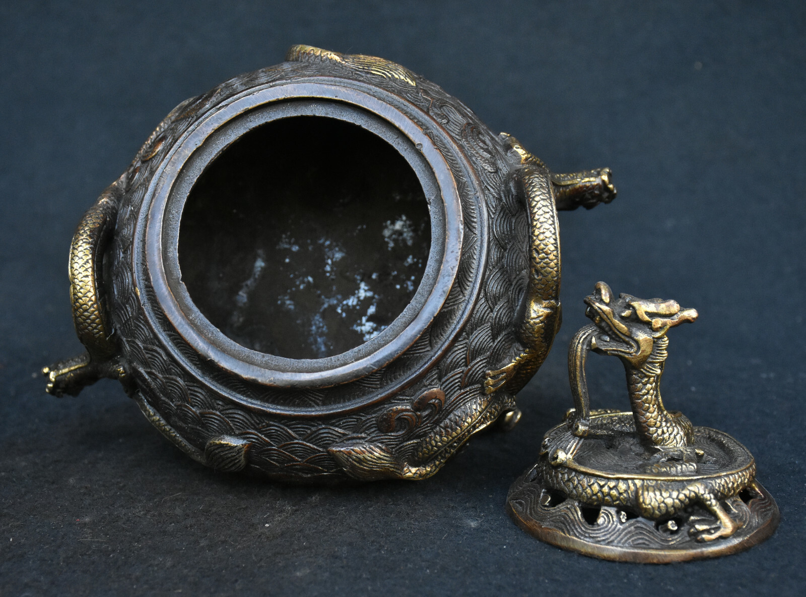 Old Chinese Dynasty Bronze Gilt Animal Dragon Loong Beast Incense Burner Censer