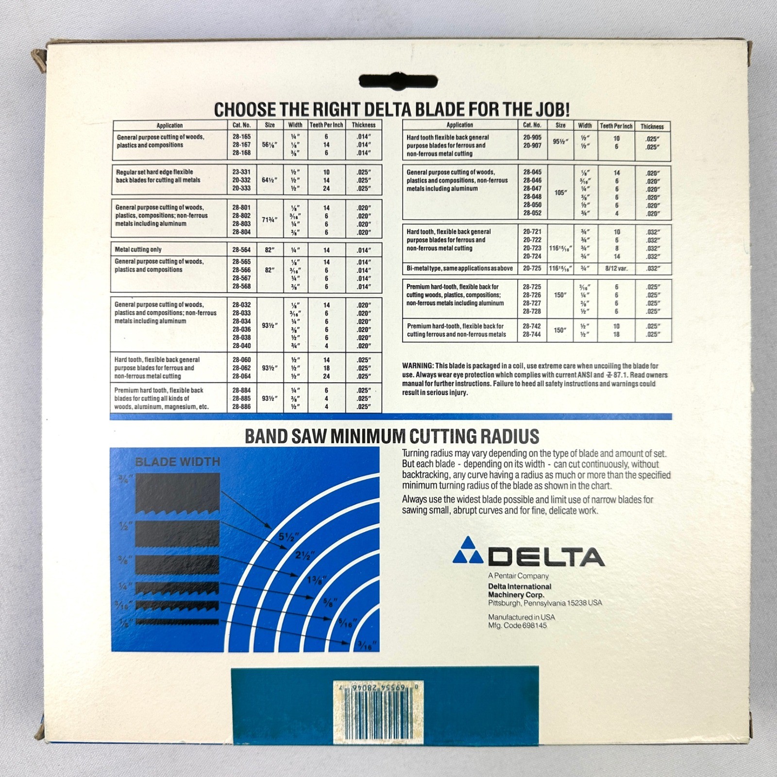 Delta 28-049 Band Saw Blade 3/16" x .020" 10 TPI 105" NOS Wood Cutting USA