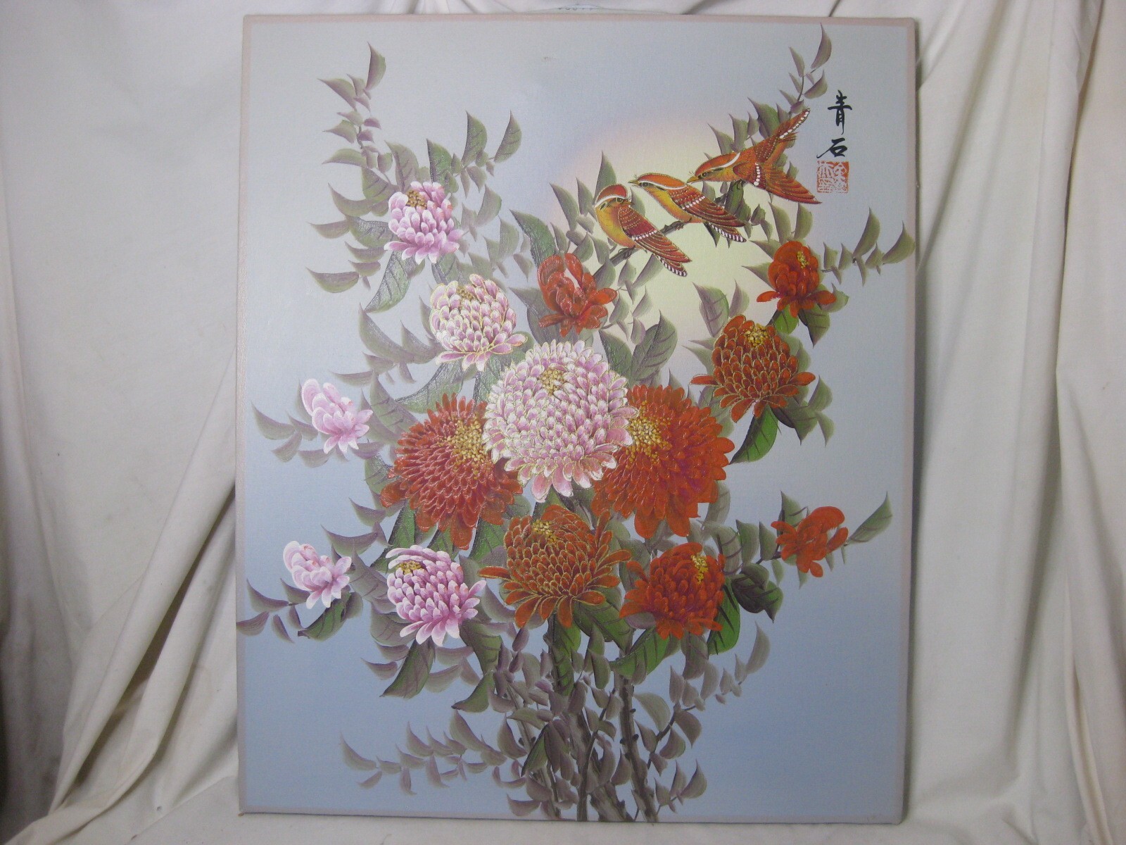 vintage Asian painting Chinese ? birds with flowers 20" x 24" original art *NOTE