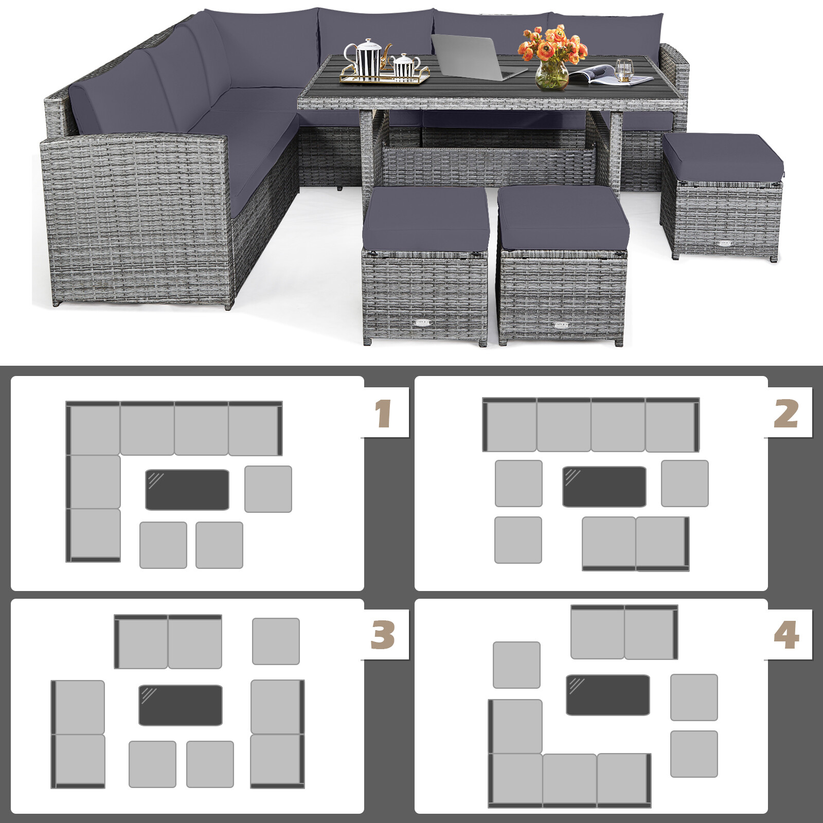 7PCS Rattan Patio Sectional Sofa Set Conversation Set w/ Grey Cushions