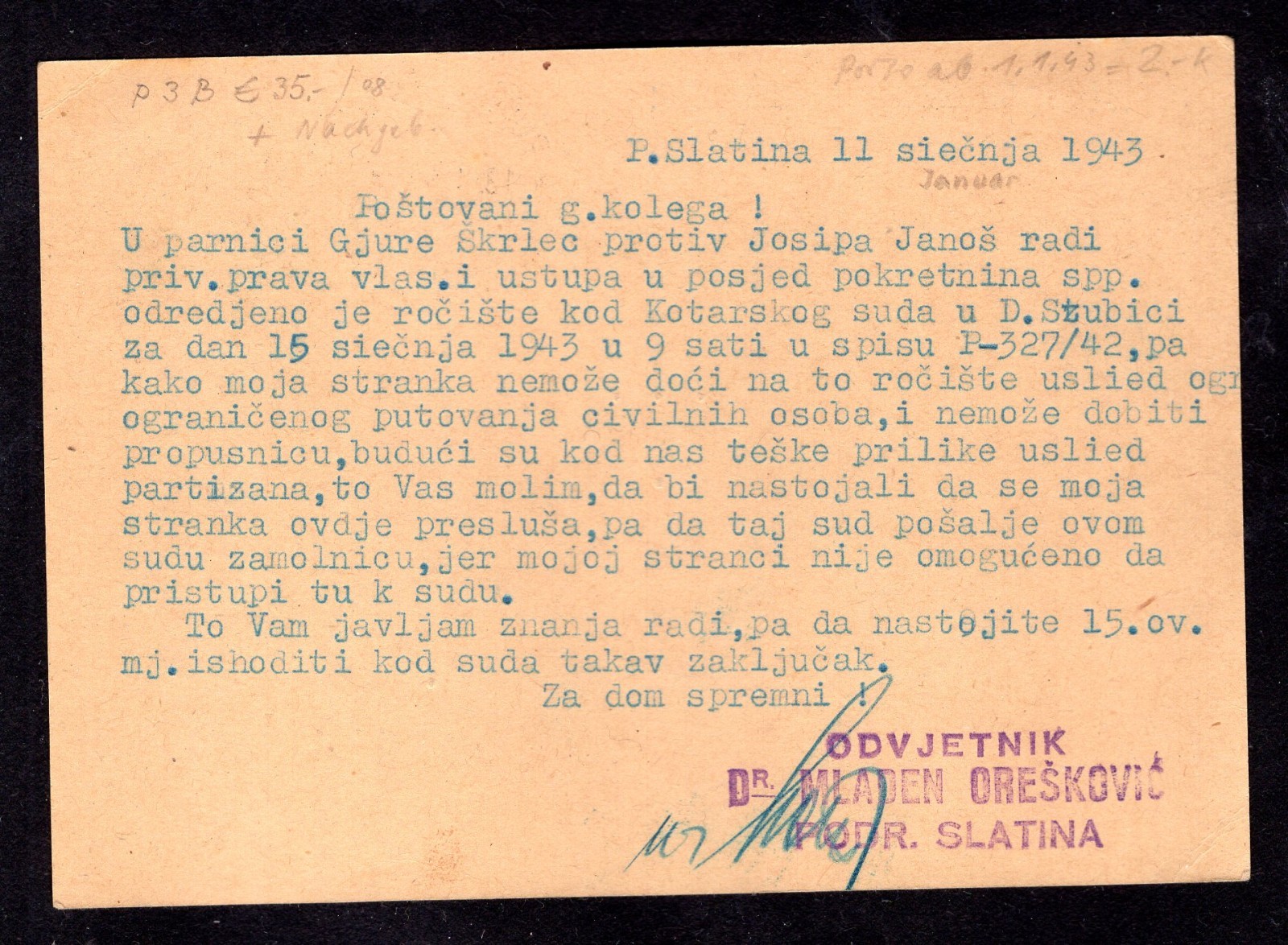Croatia ww2 1943 - postcard Podravska Slatina - Donja Stubica