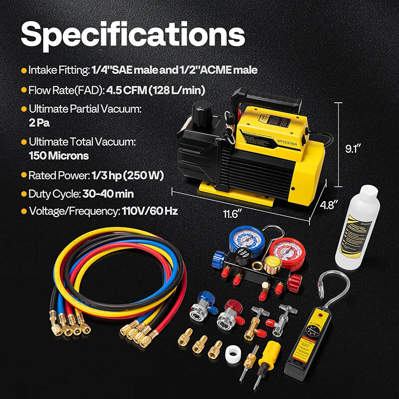 1/3 HP 4.5 CFM 1-Stage HVAC Vacuum Pump & 4 Way AC Manifold Gauge Set for R134a