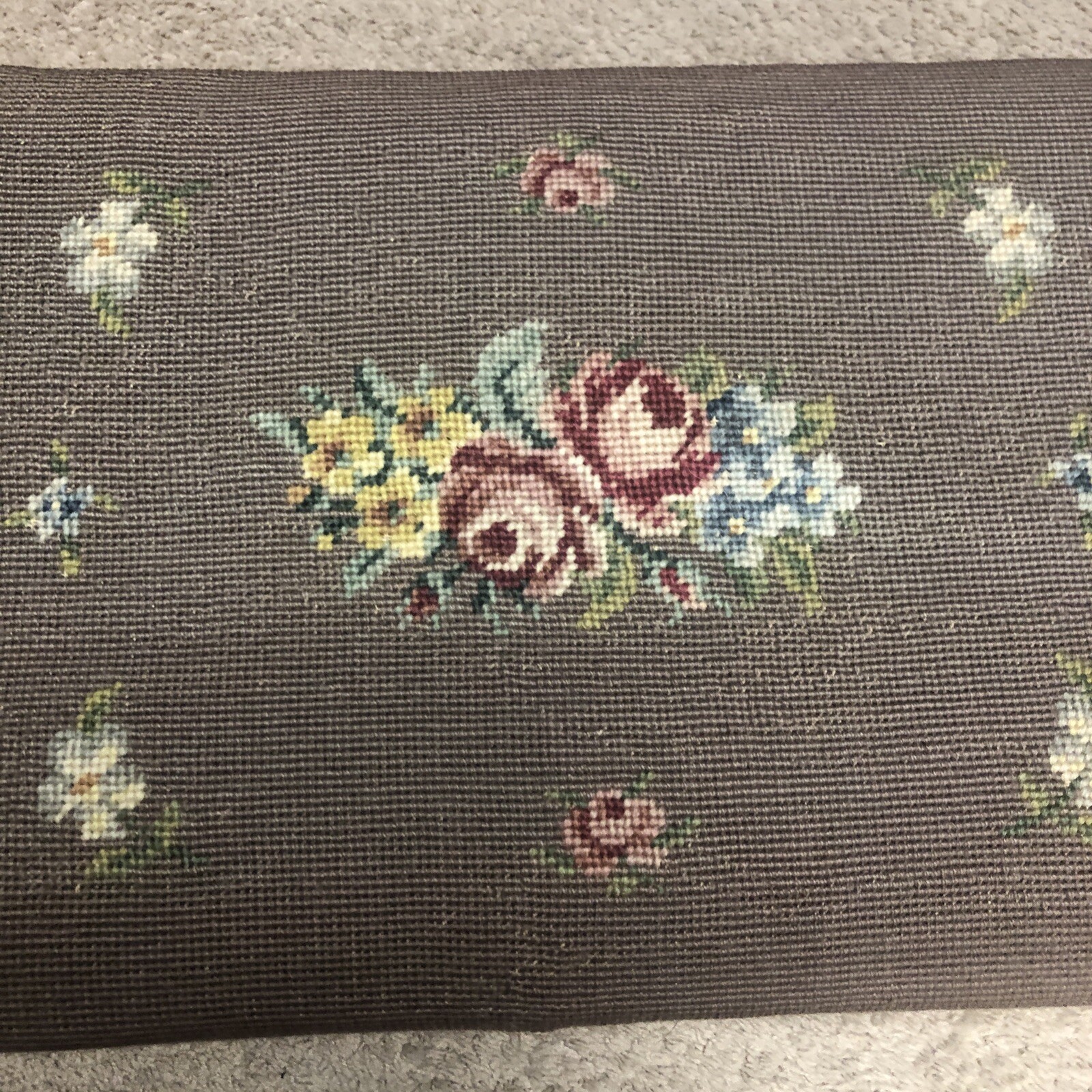 Antique Wood KITTENGER Footstool Ottoman Embroidered Needlepoint Flowers Rare