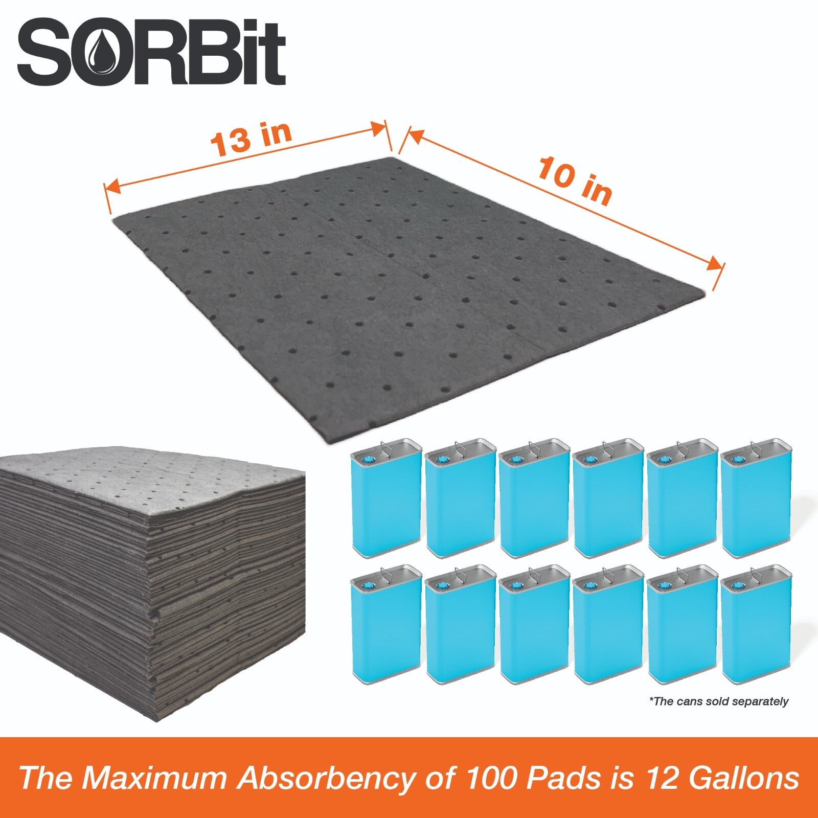 Heavyweight Universal Oil-Absorbing Pads (Grey) 10 inch x 13 inch - Pack of 100