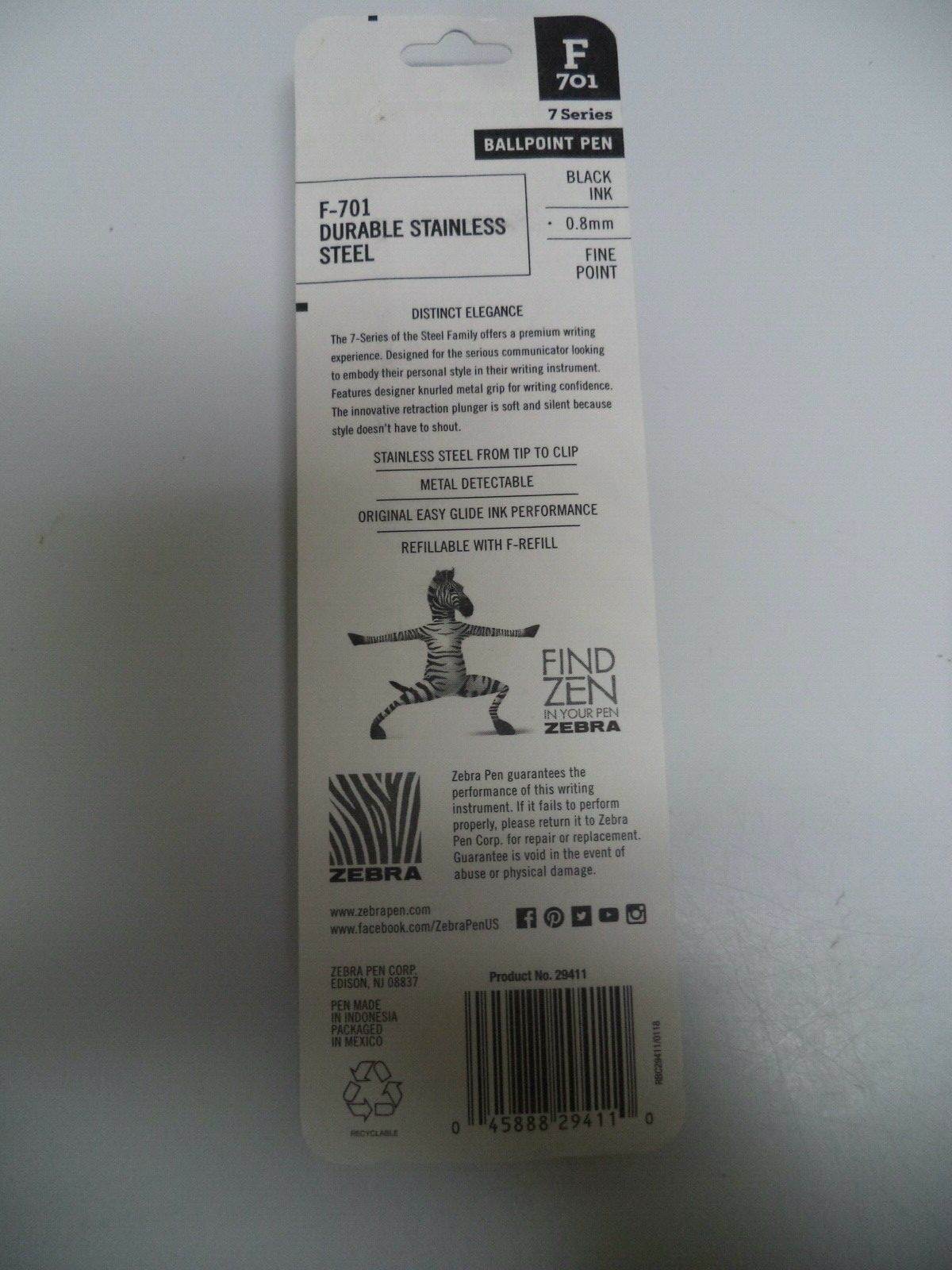 Zebra Pen F-701 Ballpoint Stainless Steel Retractable Fine Point 0.8mm Black ink