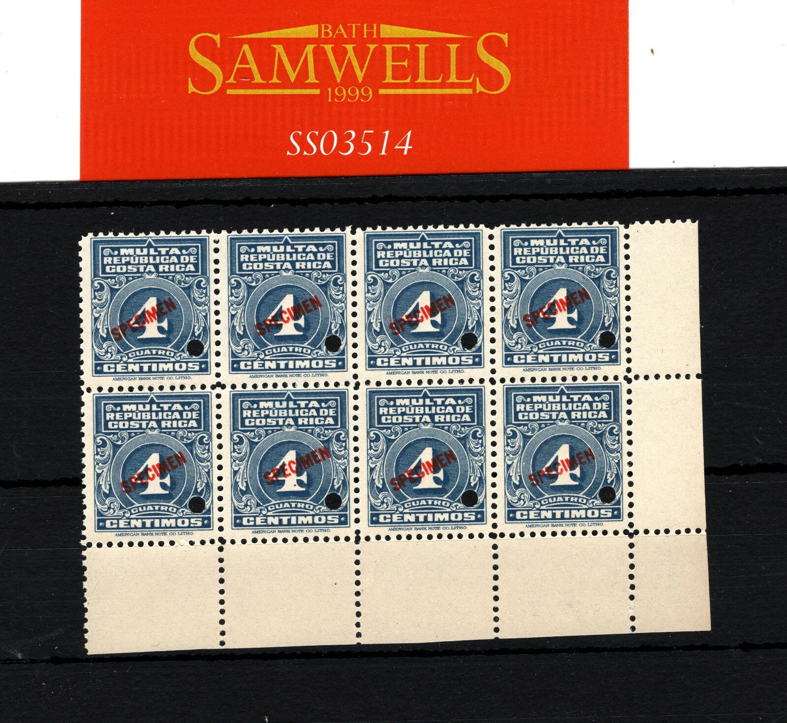 COSTA RICA REVENUES Fee ABNCo. *SPECIMEN* Corner Margin Block{8} UMM MNH SS3514