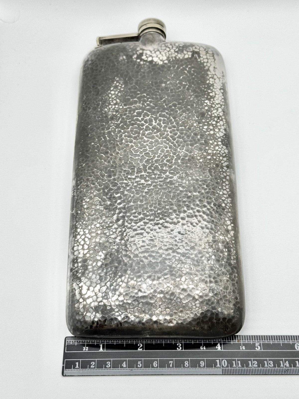 Antique E & J Bass Silver Plated Hammered Hip Flask Art Deco