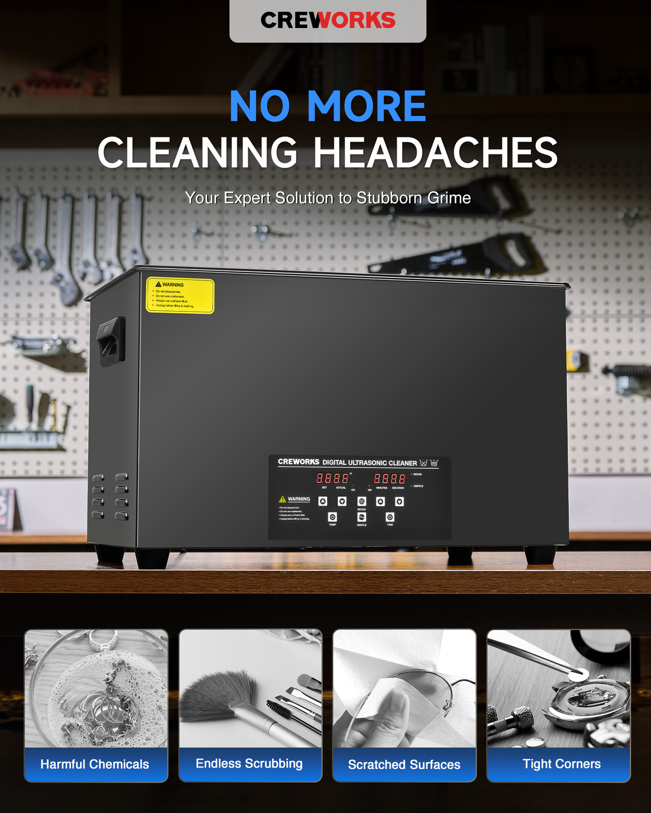 CREWORKS 30L Ultrasonic Cleaner Titanium Steel 1200W Heater w/ Degas & 2 Modes