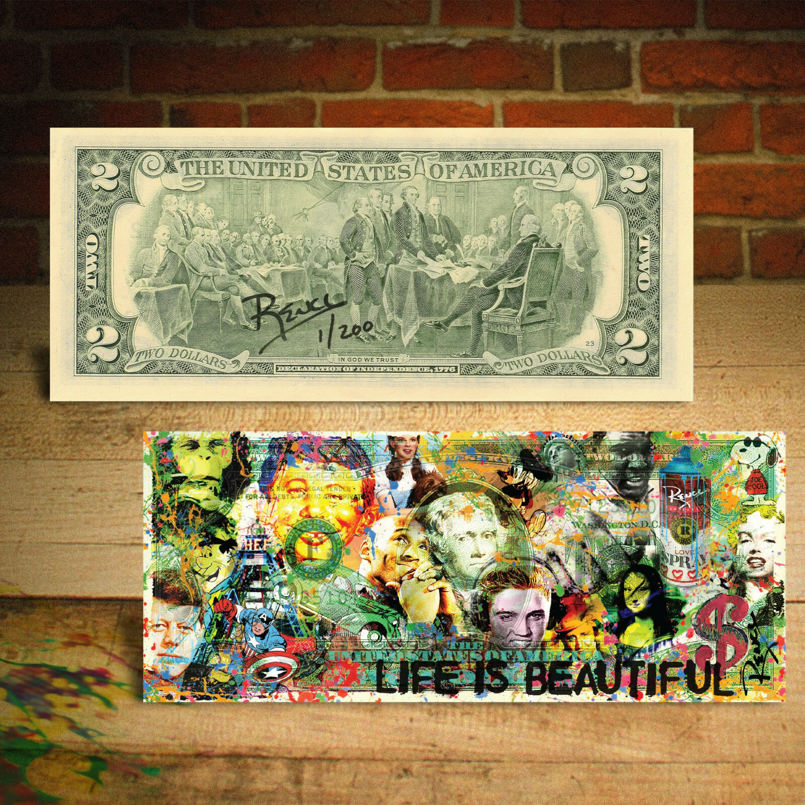 Collage Life Is Beautiful Pop Art Genuine $2 Bill Signed by Rency - LTD # of 200