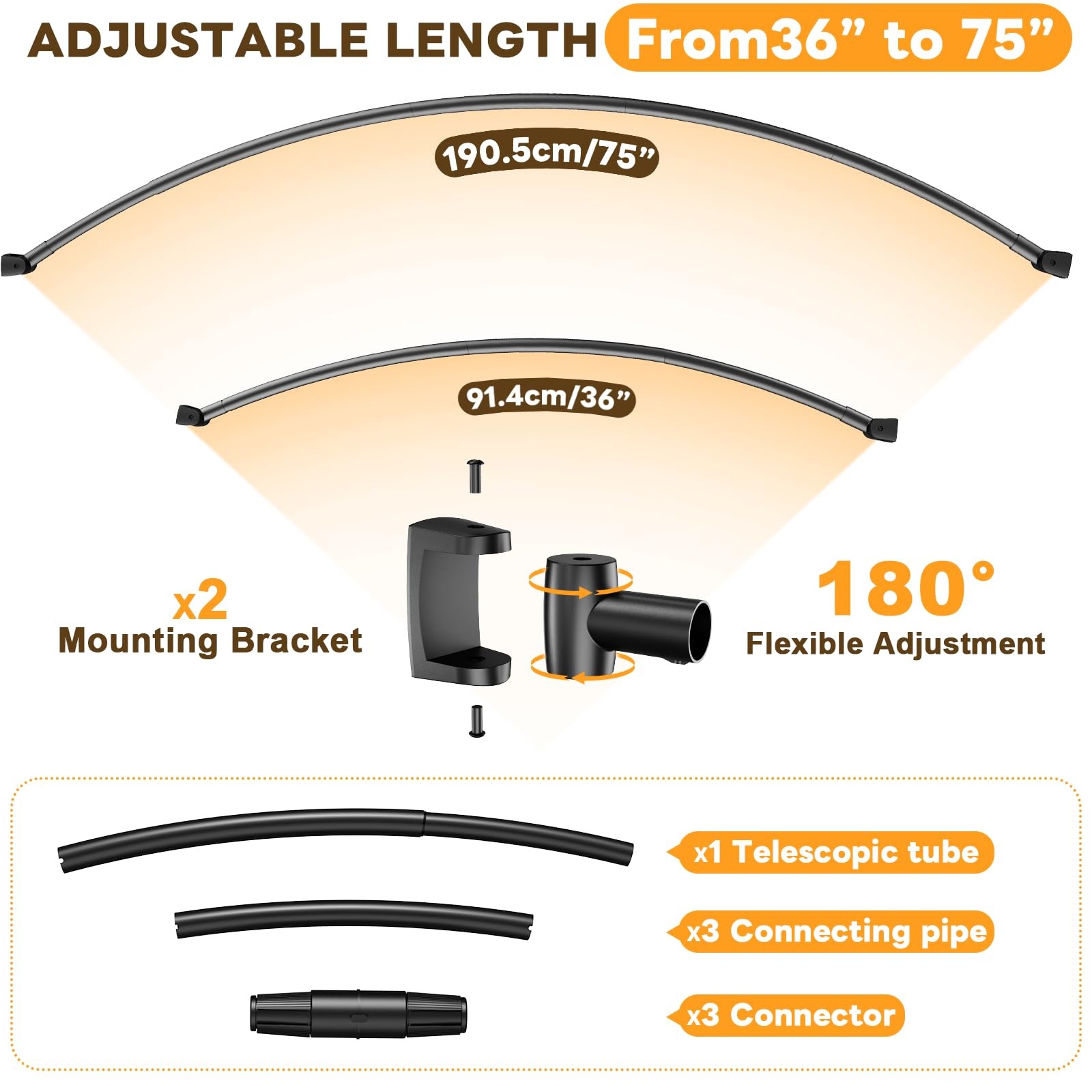 Curved Shower Curtain Rod 36-75 Inches, Adjustable, Rustproof, Black