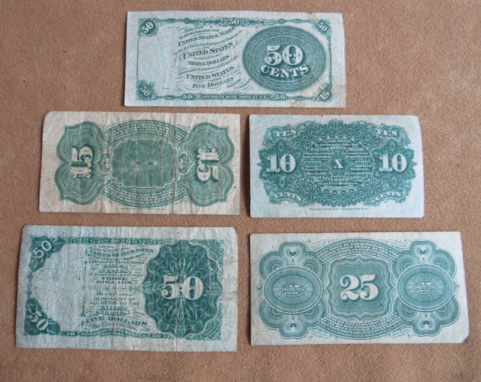 Collection of Five US Fractional Notes Series 1863 original period items