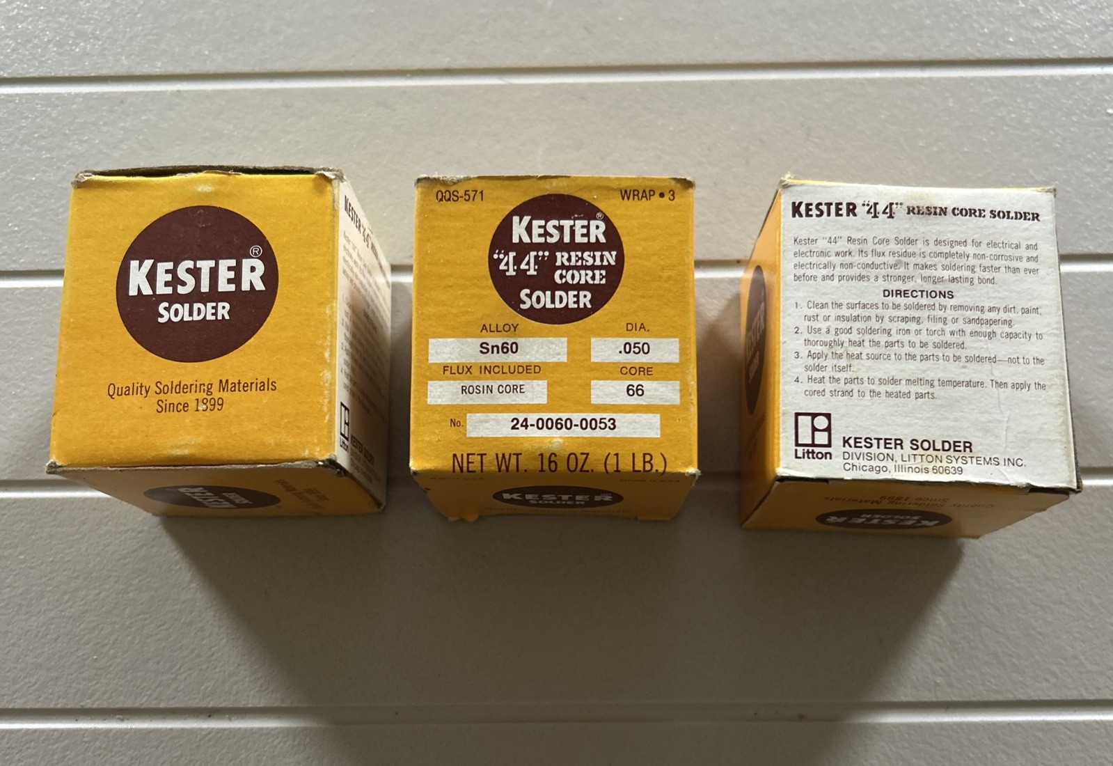 VINTAGE KESTER "44" ROSIN CORE SOLDER 66 SN60 .050 Dia NOS 3 Ea. 1 Lb. Boxes