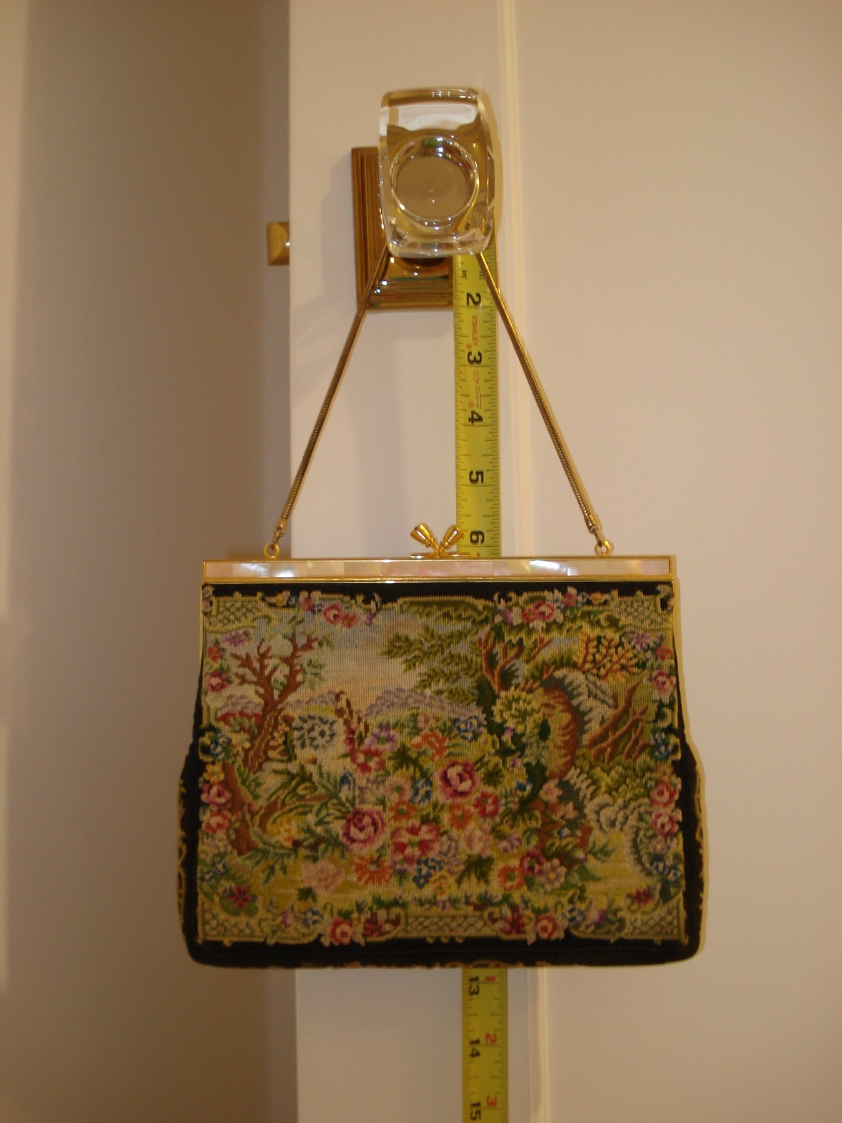 VINTAGE PETIT POINT FLORAL TAPESTRY GOLD METAL MOTHER OF PEARL TRIMMED FRAME