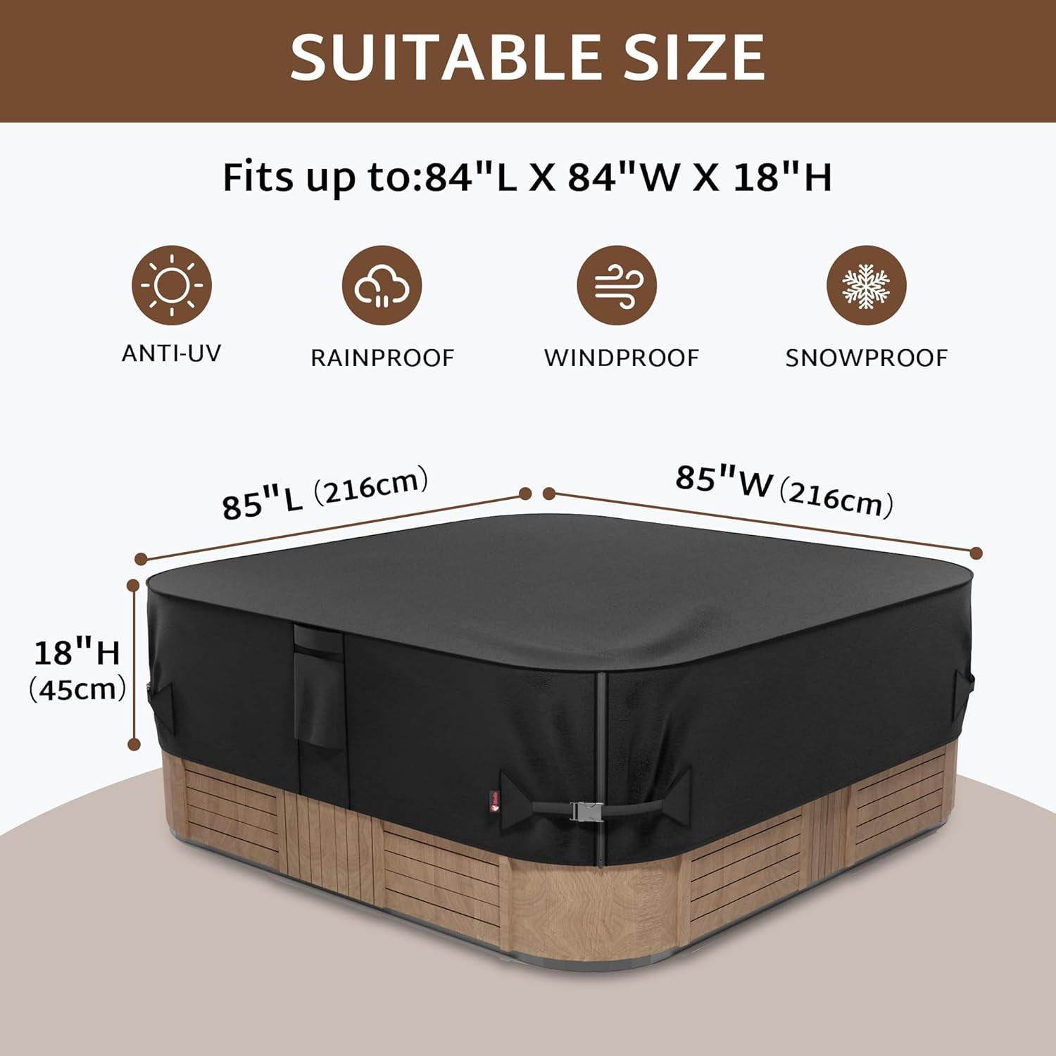 Outdoor Waterproof and Weatherproof Hot Tub Cover 85 X 85 Inch Fit 84 X 84 or 83
