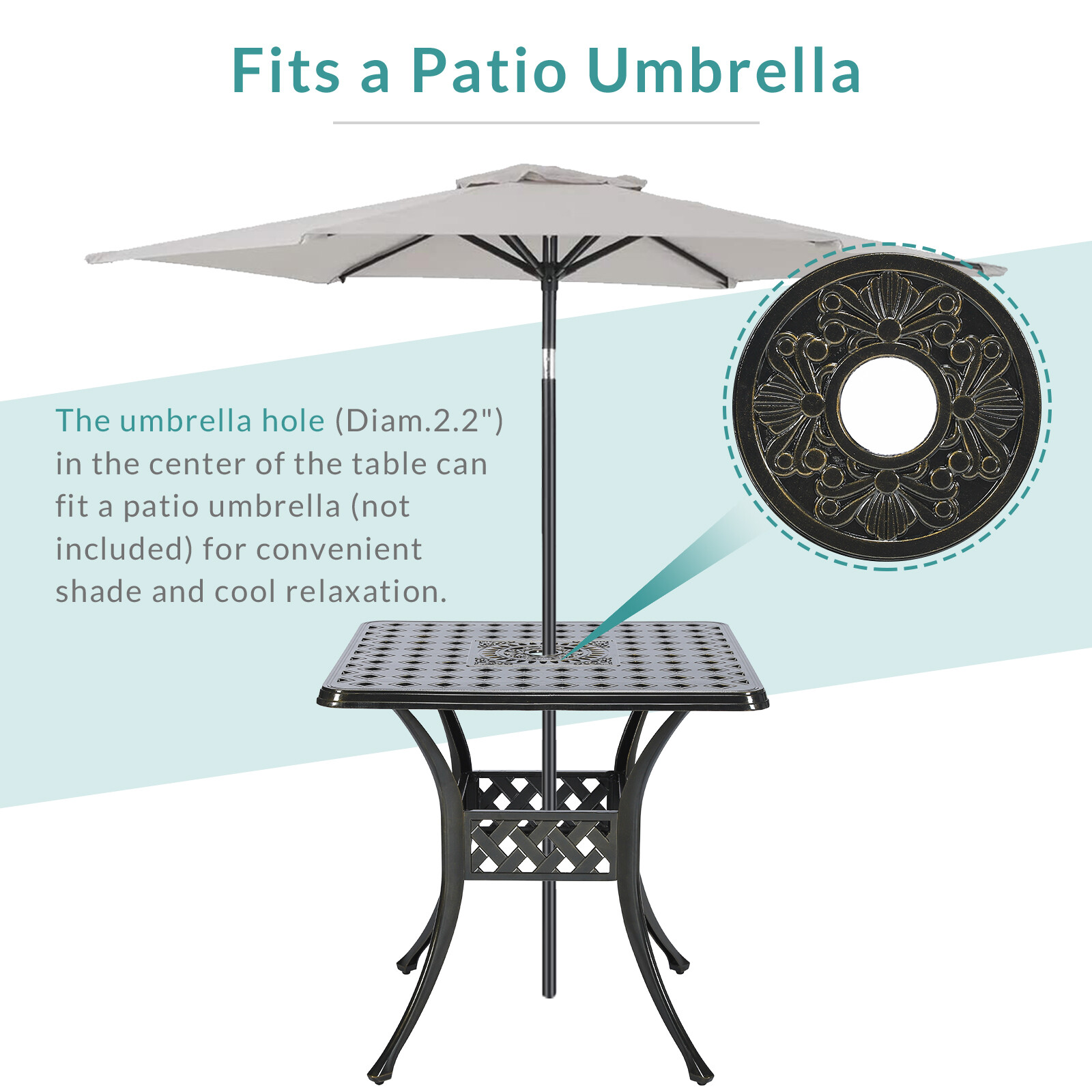 Outdoor Patio Square Dining Table Cast Aluminum All-Weather W/ Umbrella Hole