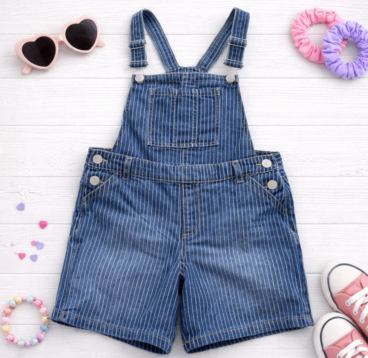 DKNY Girls Overall Shorts Blue White Stripe Adjustable Straps Size 14 Logo