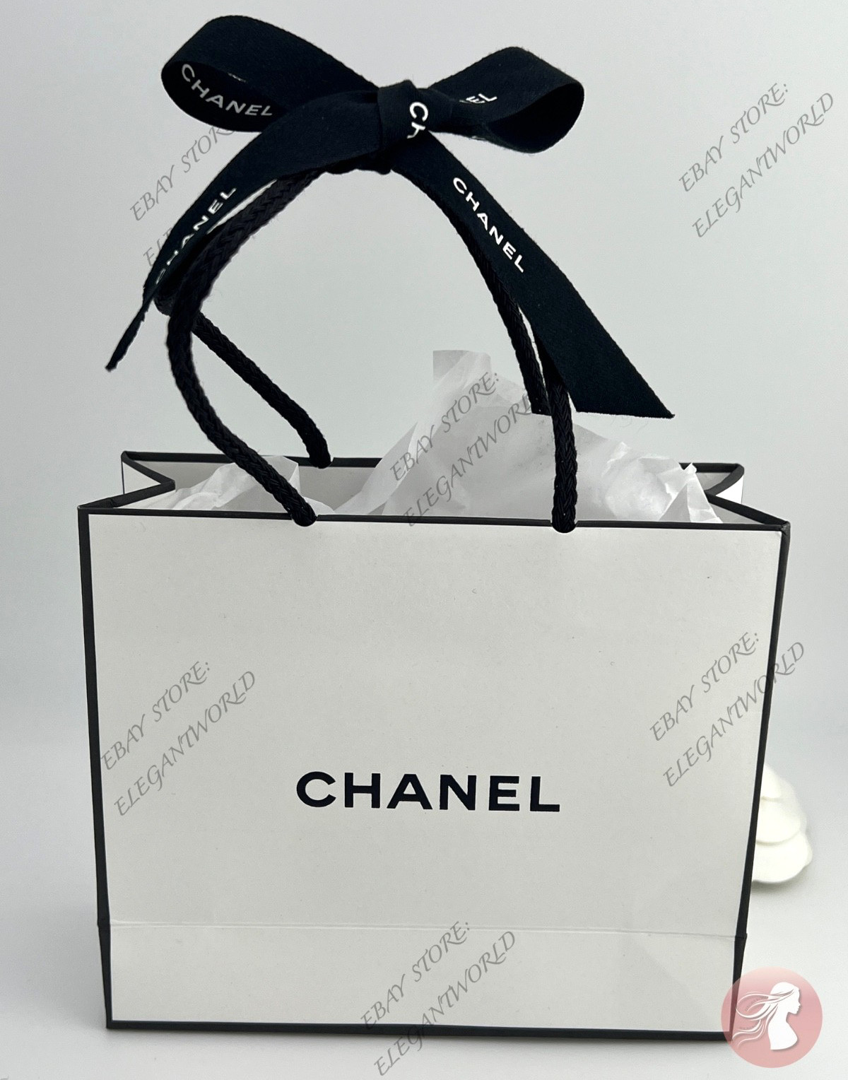 Chanel Small Empty Gift Bag White Paper Classic Black Logo L 5.5 x H 4.5 x D 2"