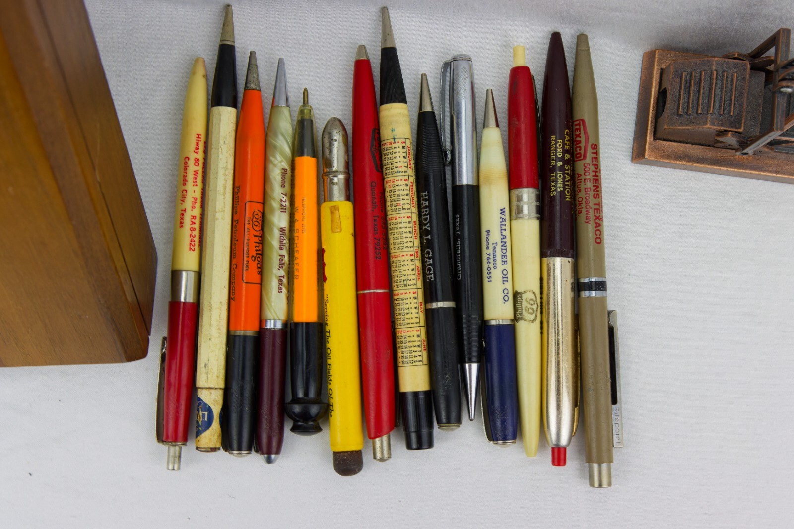 Oil, Trucking and Land Advert Items; Wood Box, Pencil Sharpener and Pens/Pencils