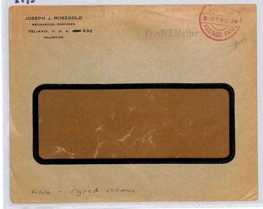 PALESTINE (Israel) Cover *TEL AVIV POSTAGE PAID* 1934 CDS Window E {Sorani}XP15
