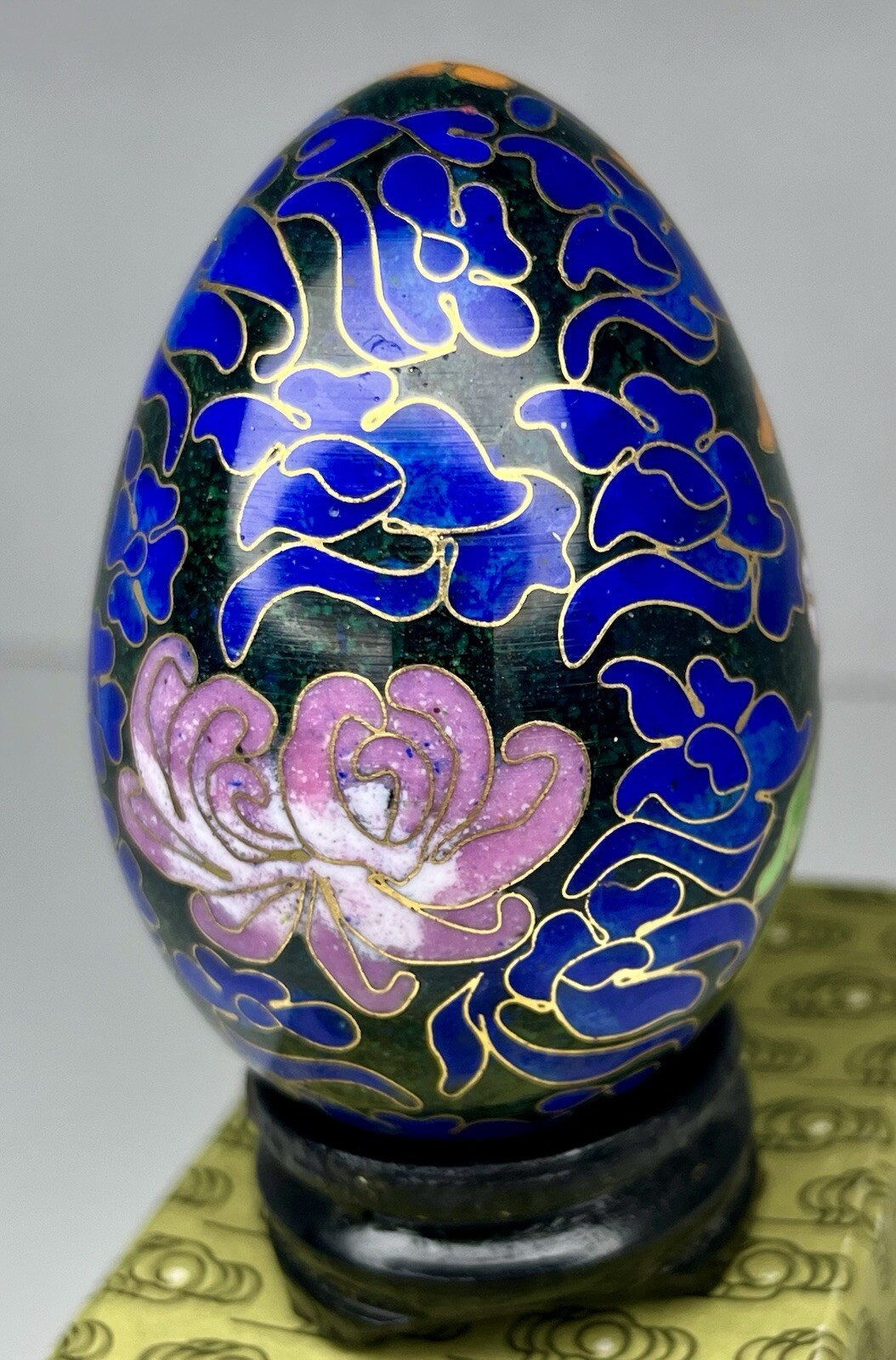 Vintage Chinese Black Cloisonné Enamel Copper Egg Pink Flowers Wood Stand In Box