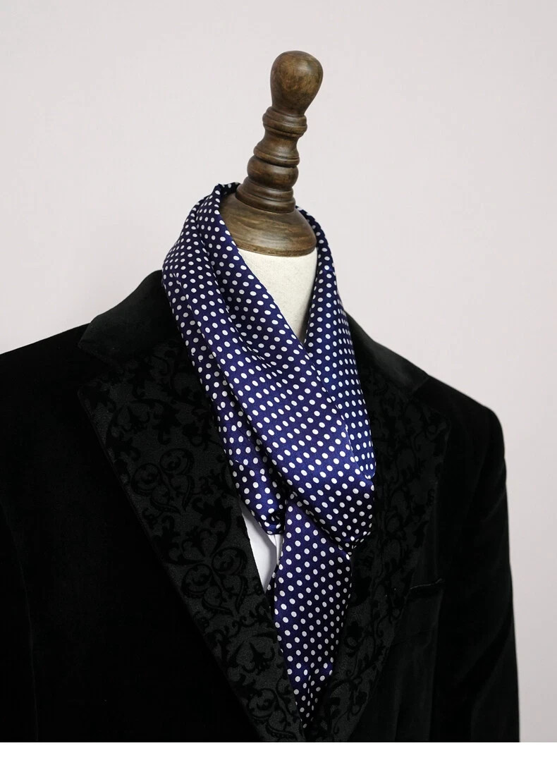 Mens 100 Silk Scarf Vintage Polka Dot Double Layer Long Neckerchief Black & Blue