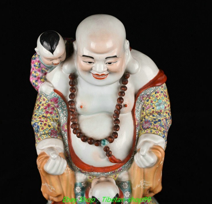 11.8''Old Famille Rose Porcelain Gilt Tongzi Happy Laugh Maitreya Buddha Statue
