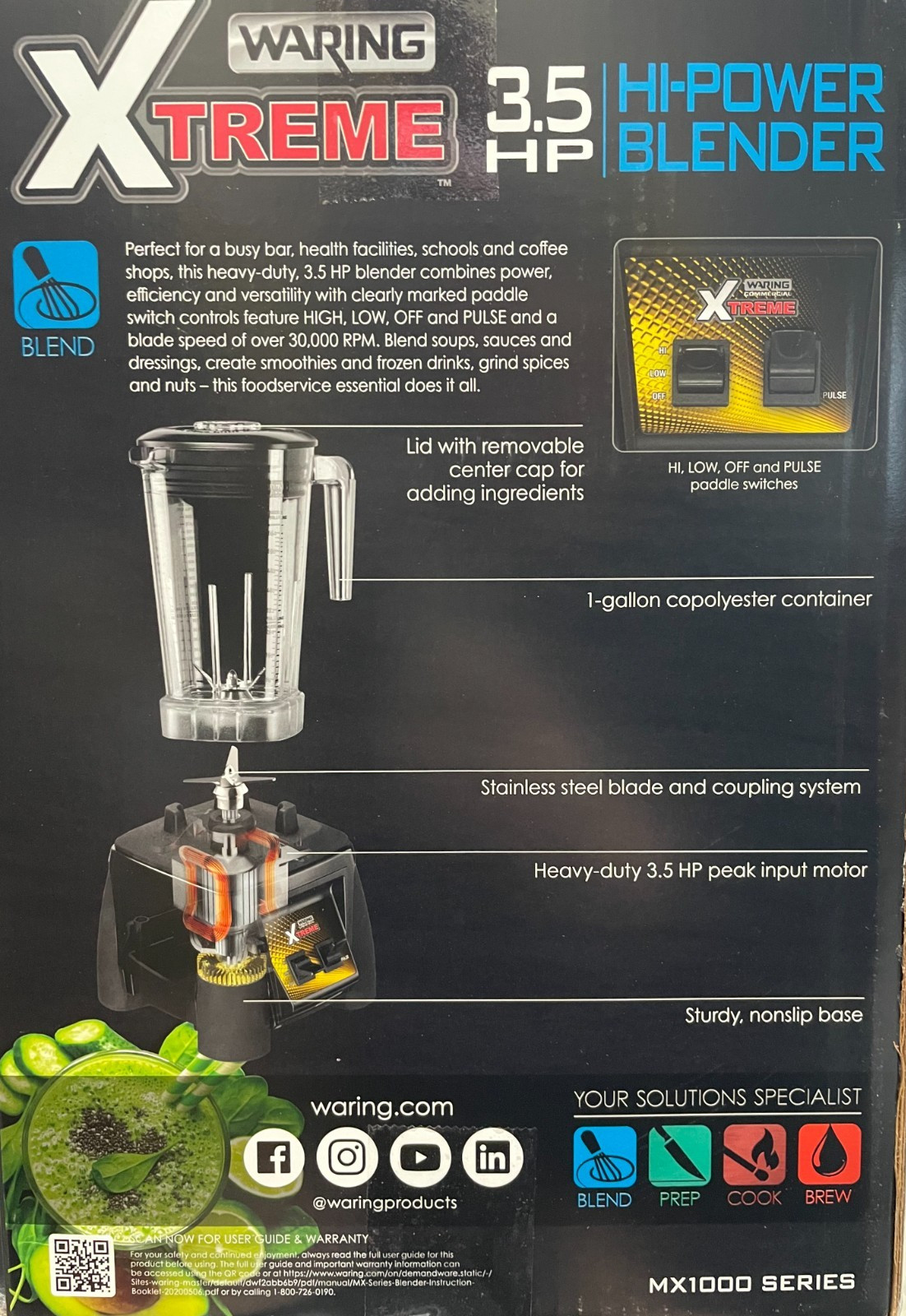 Waring MX1000XTX 64 oz 3 1/2 HP Xtreme Commercial Blender Hi Power
