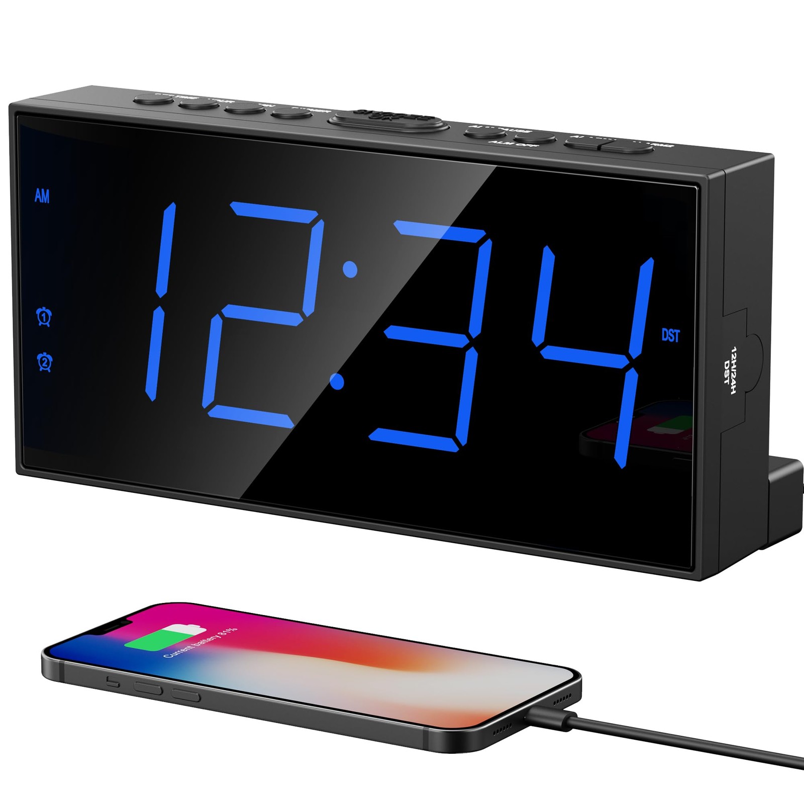 Digital Dual Alarm Clock Large Display Bedside Clock USB Phone Charger Loud LED