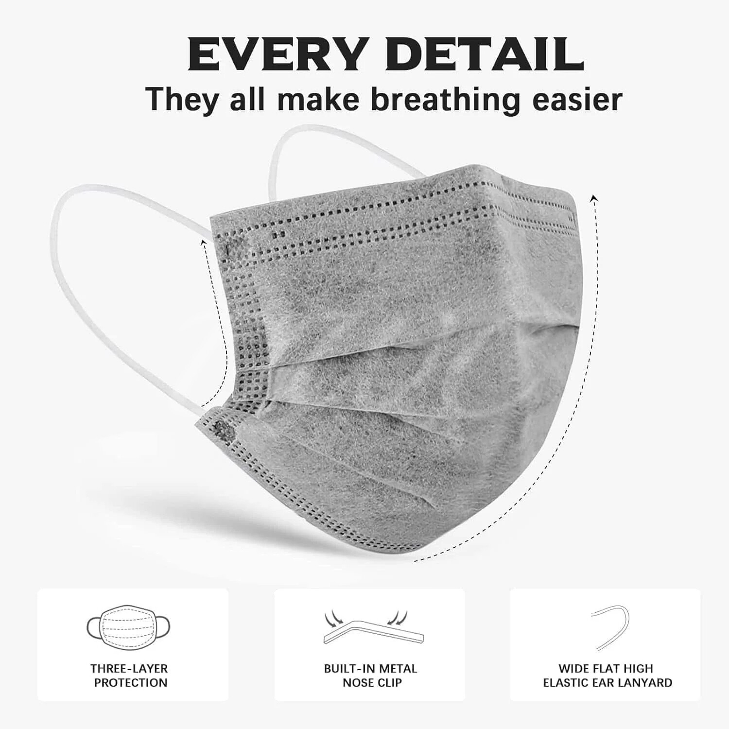 100 Pack - 3-Ply Gray Disposable Face Mask Ear-loop Mouth Cover USA Seller